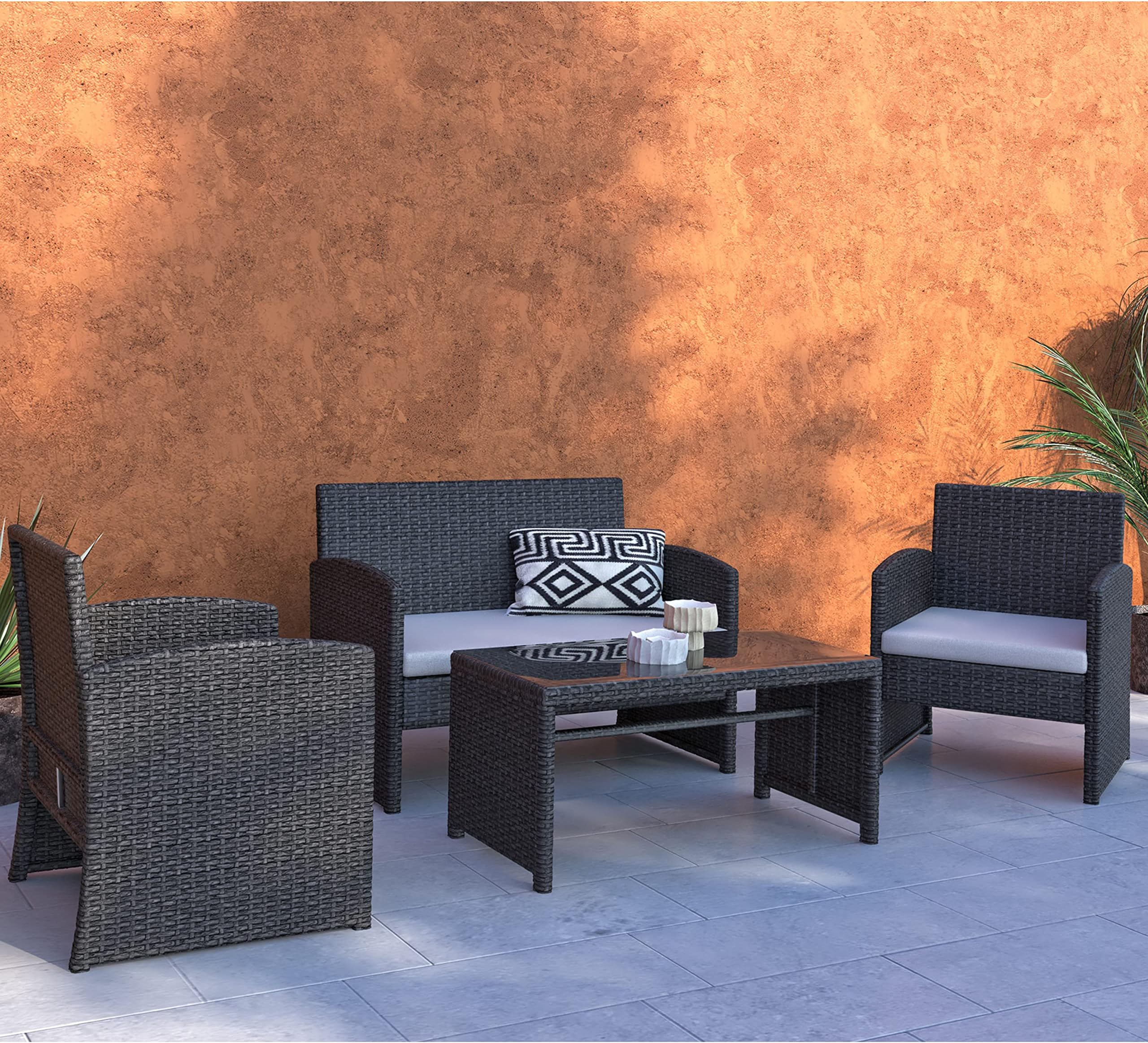 DG Casa Clifton 4 Piece Outdoor Sofa Patio Deck Furniture Set with Loveseat Chair Table and Seat Cushions, Brown in Synthetic Rattan and Steel Frame