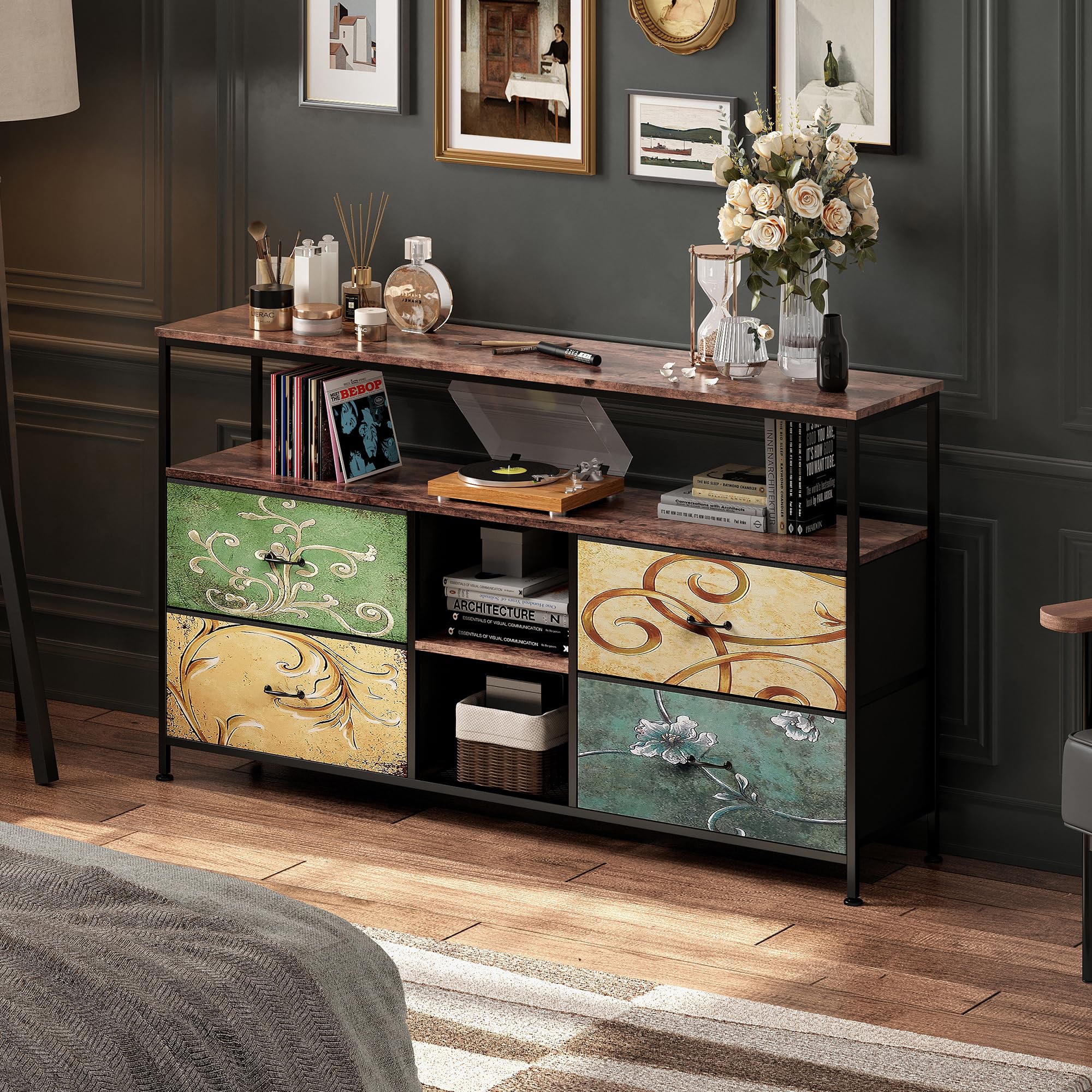 Mueble TV 137 cm con 4 cajones y 2 estantes, mesa de televisión centro de entretenimiento con LED, banco de TV, mueble bajo, cajones para salón, dormitorio, pasillo