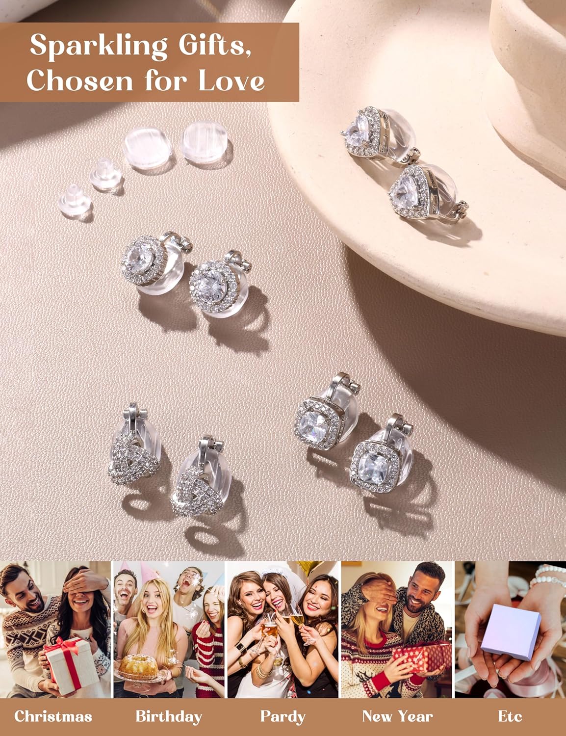 BESTEEL Clip on Earrings Women - Hypoallergenic Non Pierced Earrings Small Cubic Zirconia Flower Heart Square Twist Knot Fake Earring Set Wedding Dance Gift - Image 6