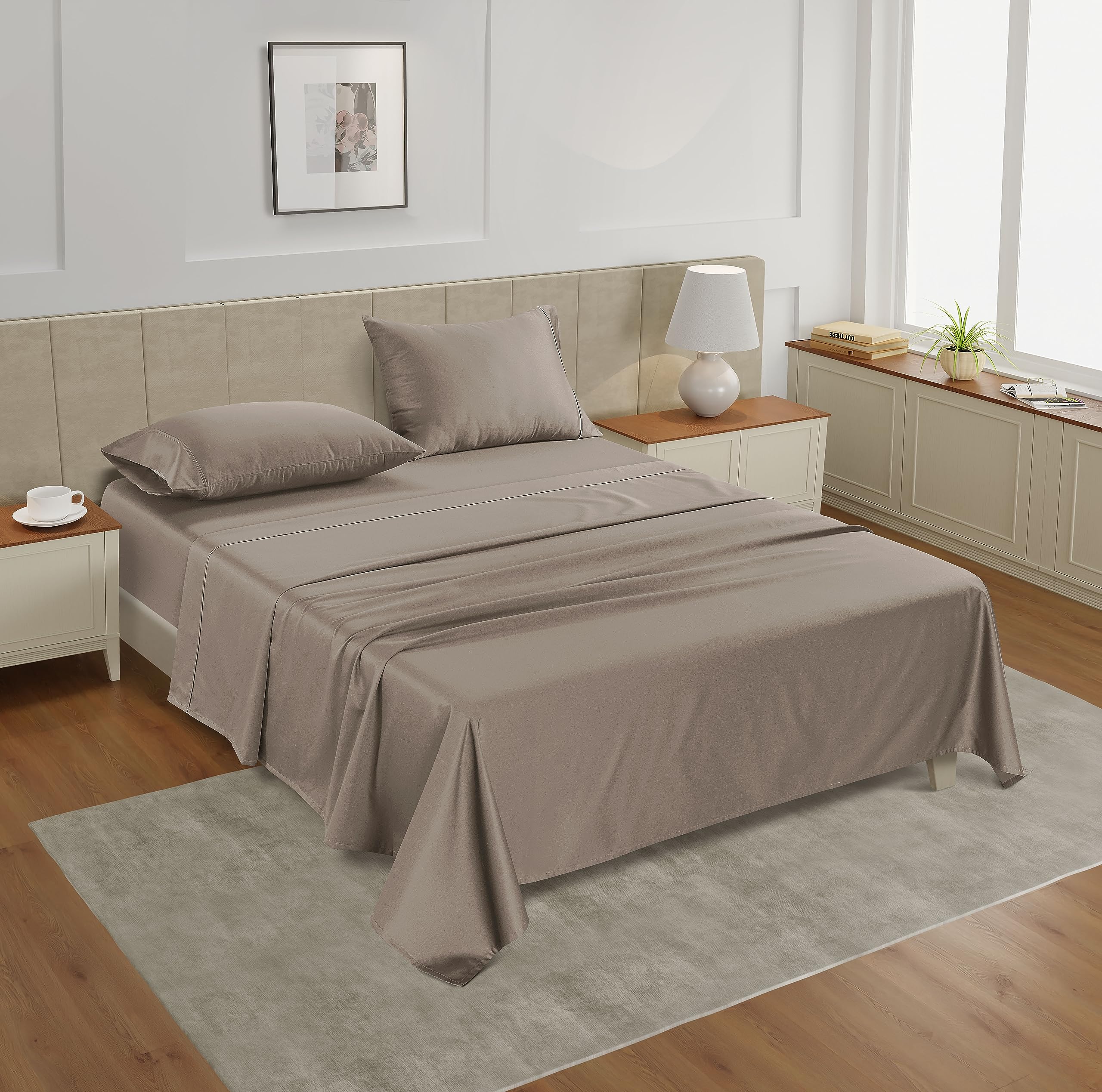 Lane Linen 100% Cotton Bed Sheets – 450 Thread Count Cooling Sheets Queen, Durable Daily Use Bedding, Value Comfort for Nightly Rest, Hotel Sateen Finish, Snug Fit 15" Deep Pocket Fitted Sheet – Taupe — view 2