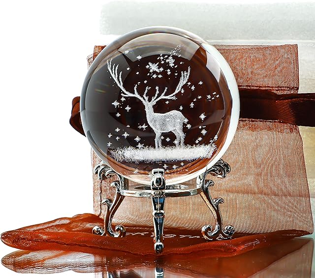 H&D HYALINE & DORA 60mm 3D Inner Carving Christmas Deer Crystal Ball Paperweight Glass Sphere Laser Engraved Ball with Sliver-Plated Flowering Stand Home Art Decor