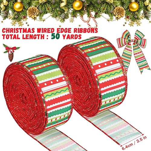Miniatura 2 de 2 rollos de cinta de Navidad en espiral con puntos con alambre con rayas envueltas con alambre, cinta de tela colorida, cintas decorativas de