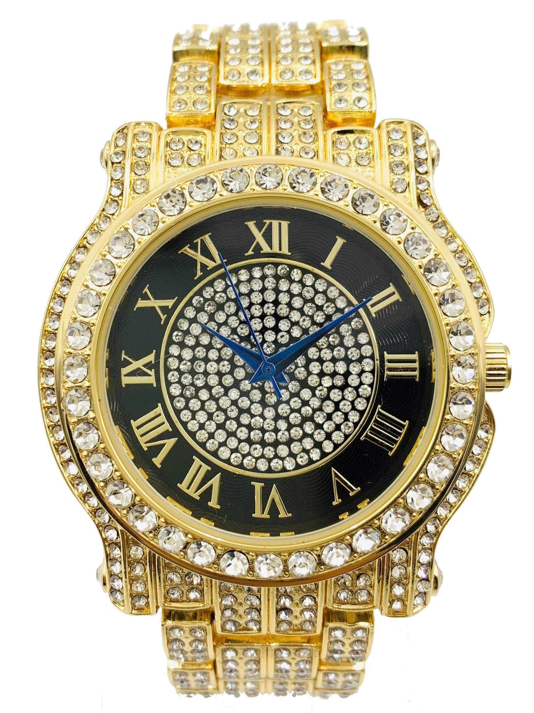 Charles RaymondKing Kickin' Real Hip Hop with This Color Bling Bling Watch - Say The King Home Wearing Luxury Gold Tone Bling'ed Out Timepiece - L0504 Black