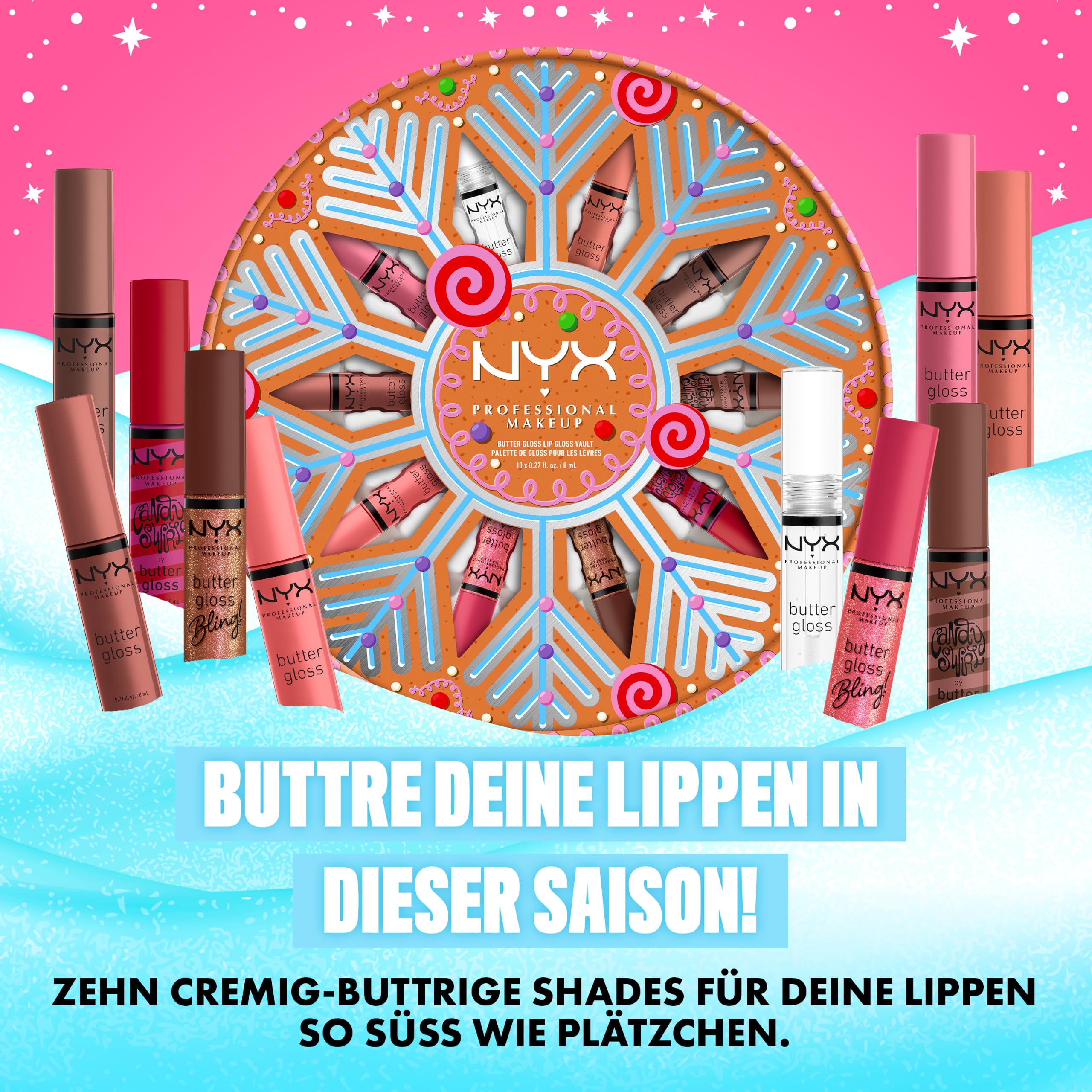 NYX Professional Makeup Butter Gloss Vault Lipglosse in Schneeflocken-Optik, Mit glänzendem Finish und nicht klebriger Formel, Butter Gloss Vault, 10 Stück