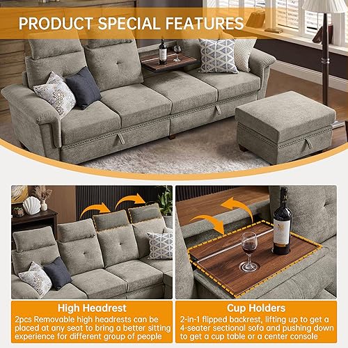 Miniatura 4 de Sofá modular convertible con almacenamiento, sofá en forma de L de 4 asientos con diván y portavasos, sofás modernos de tela de microfibra para sala