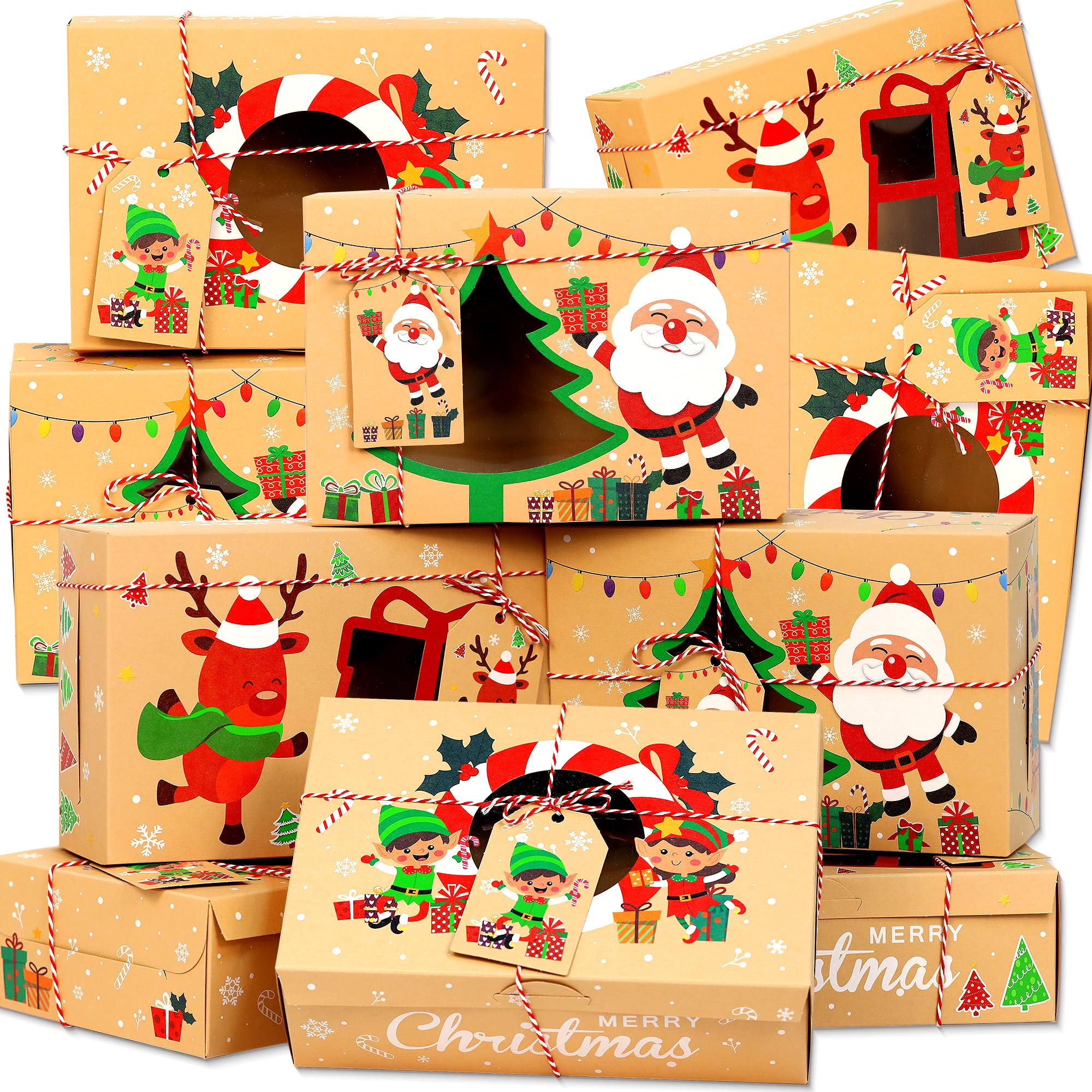 Parma77 12PCS Christmas Cookie Boxes, 8.6" x 5.9" x2.7" Holiday Treat Cookie Tin with Window, Christmas Treat Boxes for Donuts Cupcake Candy Gift