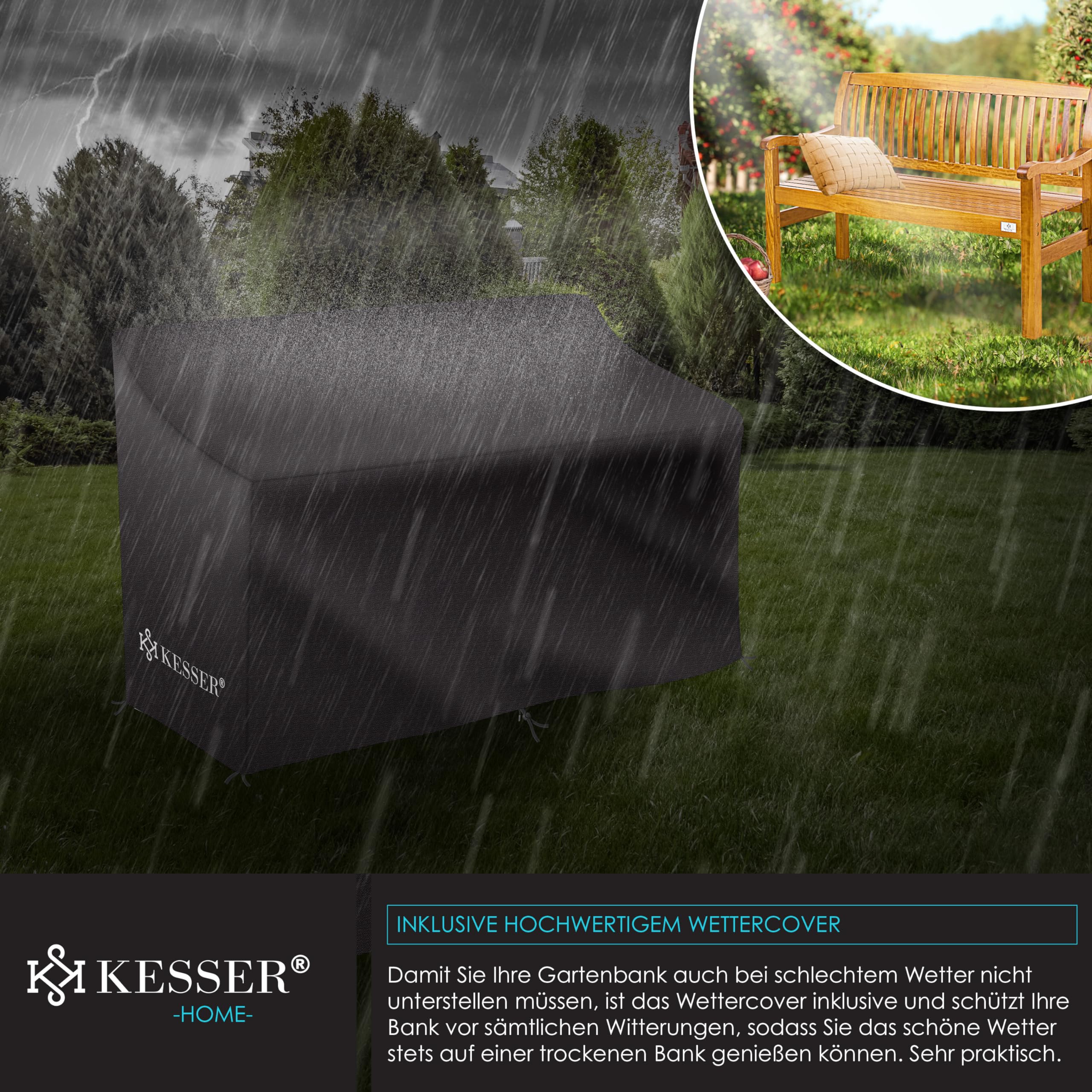 KESSER® Banco de Jardín de Madera Resistente a la Intemperie | 225 kg para 2-3 Personas | Banco de Parque de Madera Maciza | Asiento 125 cm | Balcón, Terraza y Jardín Incluye Cubierta Marrón Claro