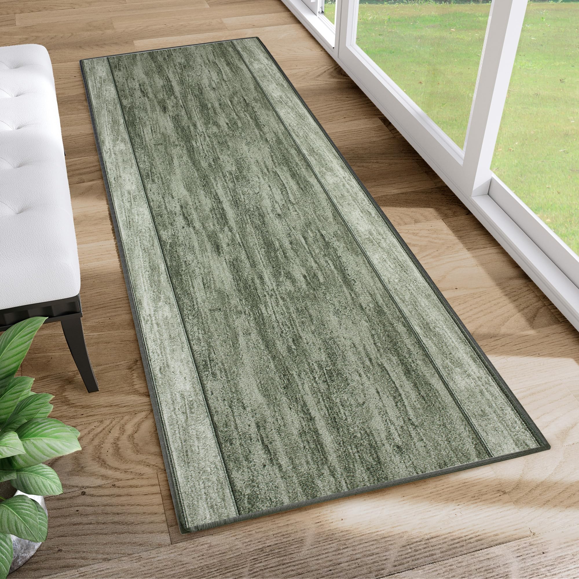 TAPISO Anti Rutsch Teppich Läufer rutschfest Brücke Meterware Modern Grün Meliert Streifen Design Flur Küche Wohnzimmer Diele 80 x 600 cm