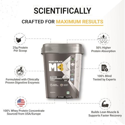 Image of MuscleBlaze Biozyme Performance Whey Protein Powder, Magical Mango (4kg / 8.8lbs) & Micronised Creatine Monohydrate CreAMP Powder, Unflavoured (32 Servings, 100g) | Pack of 2