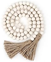 RAMIRABI 58 Inch Wood Bead Garland with Tassels - Rustic Farmhouse Boho Country Wall Hanging Decor (Natural)