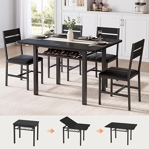 Miniatura 11 de Juego de mesa de comedor para 4, mesa de cocina extensible con 4 sillas de comedor tapizadas de piel sintética, juego de mesa de cocina de madera