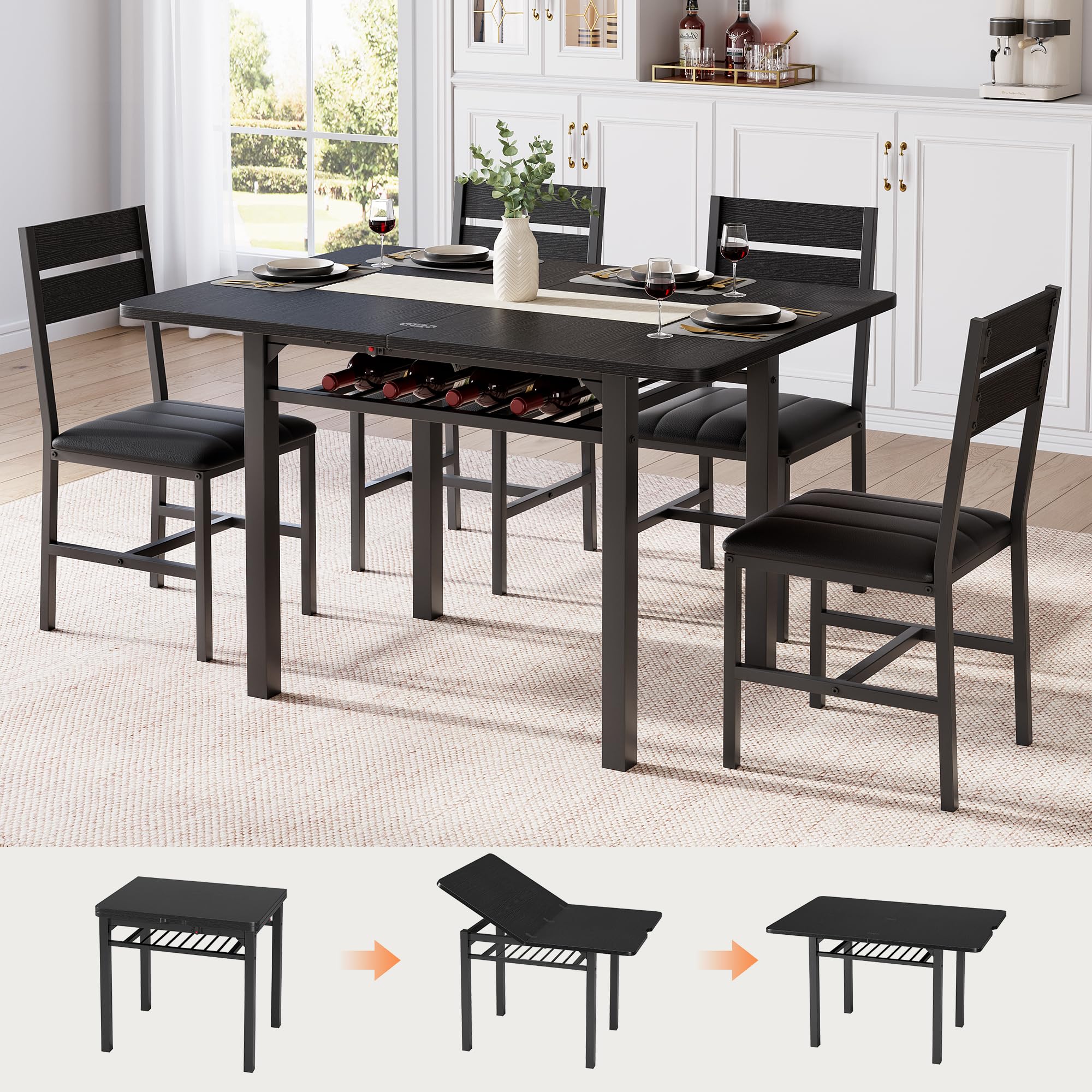 Photo 1 of **FOR PARTS ONLY, DAMAGED AND MISSING PIECES** MapleGrace Dining Table Set for 4, Extendable Kitchen Table with 4 PU Leather Upholstered Dining Room Chairs, Wood Kitchen Table Set with Built-in Storage Rack for Dining & Small Spaces, Black