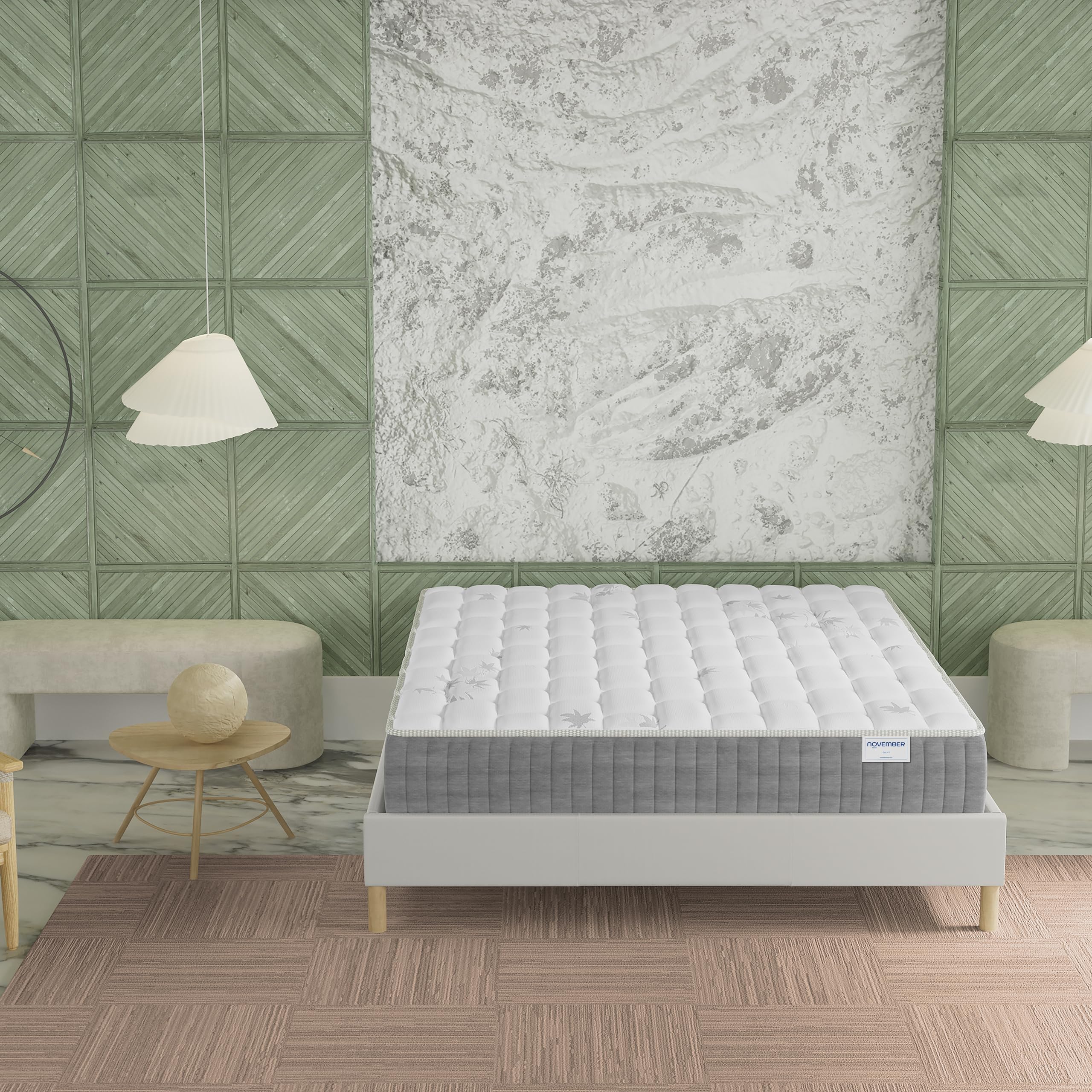NOVEMBER- Ensemble Matelas + sommier (120 x 190cm)- Matelas Galice Ressorts ensachés & mémoire de Forme d’épaisseur 25cm + Sommier Bois Stable & Robuste revêtement Tissu Blanc