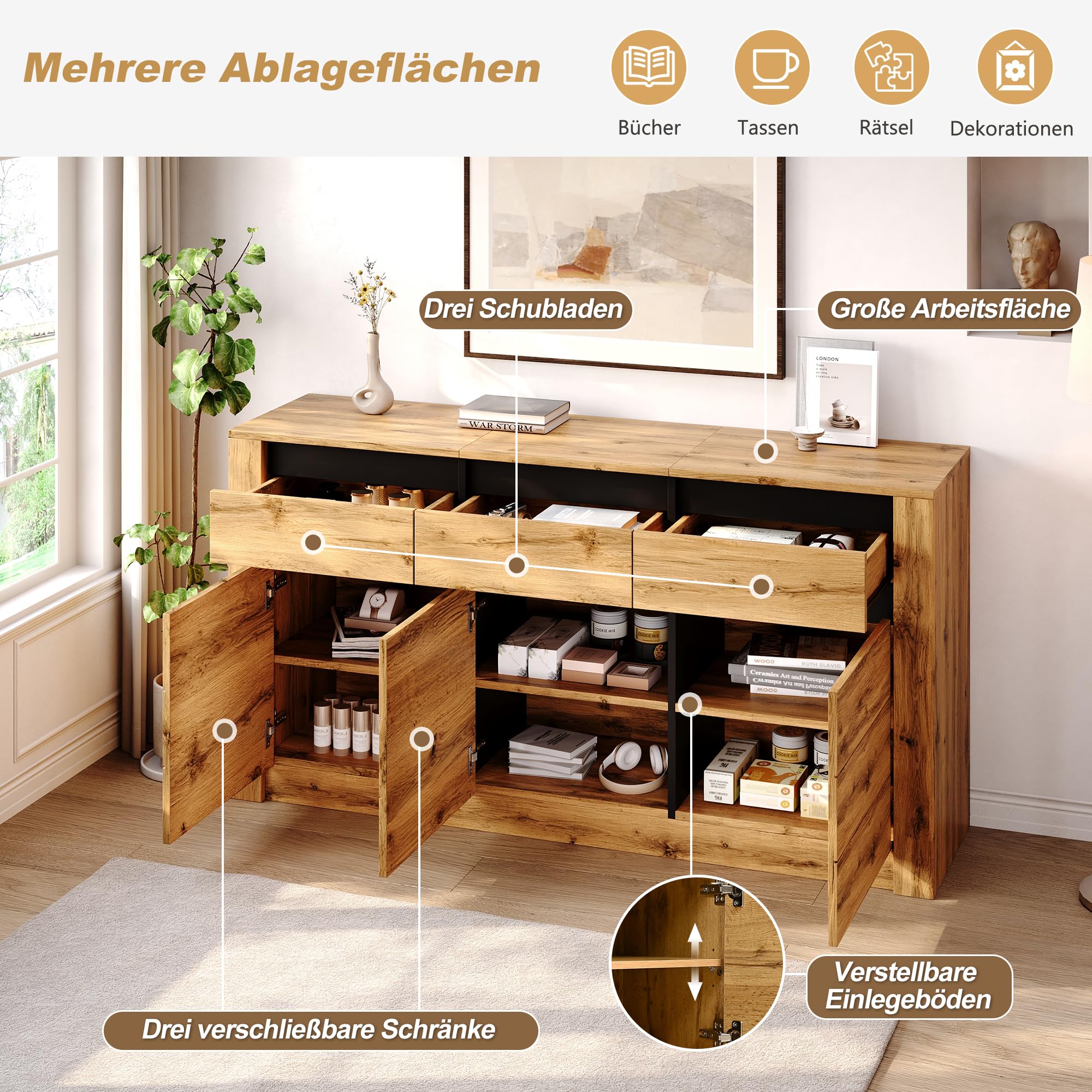 Kredens 135 x 35 x 70 cm, duża przestrzeń do przechowywania z 3 szufladami, 3 drzwi, komoda do salonu, jadalni, sypialni, korytarza, szafka bufetowa, płyta wiórowa, szafka pomocnicza, kolor drewna