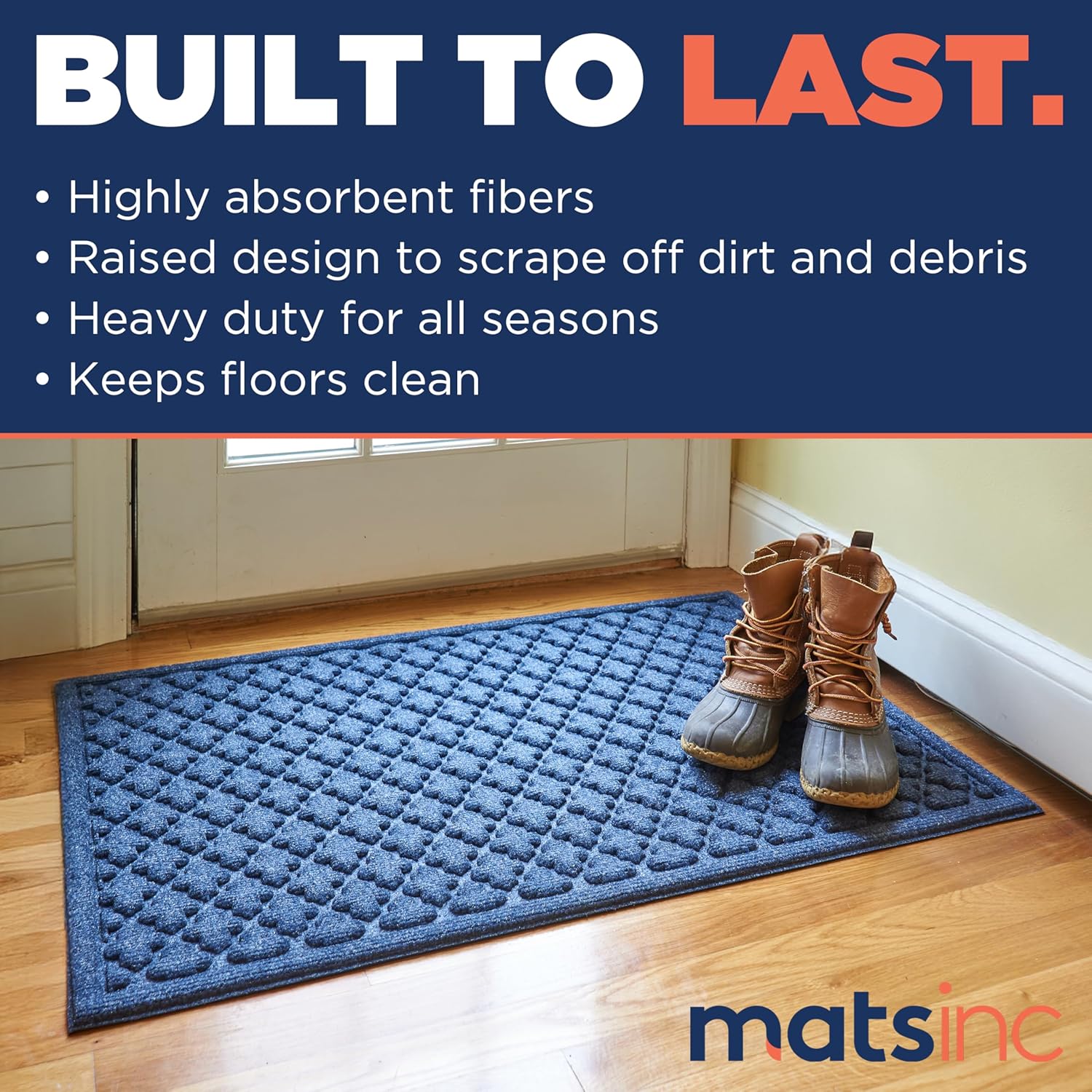 MATSINC Artisan Entry Front Door Mat - Rubber Back Indoor or Outdoor Mat with Quadra Foil Design, Water Absorbing Welcome Front Door Mat Outside Entrance, Made in The USA, 2' x 3'(Blue)
