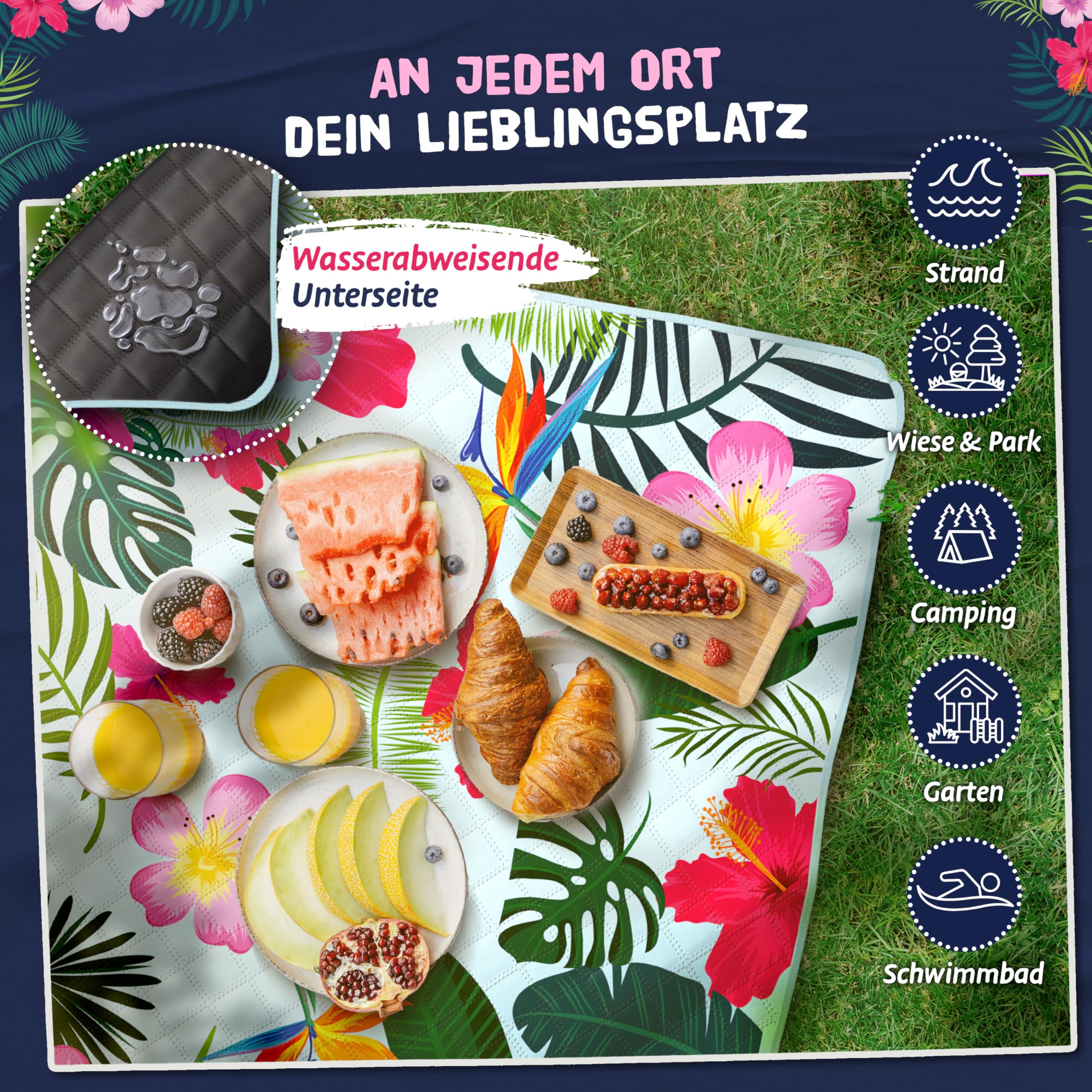 Bobby Beach Picknickdecke wasserabweisend | Stranddecke sandfrei Strandmatte gepolstert | Strandtuch XXL Camping Zubehör Picknickdecke 200x200 (Tropical, 200 x 200 cm, gerollt)