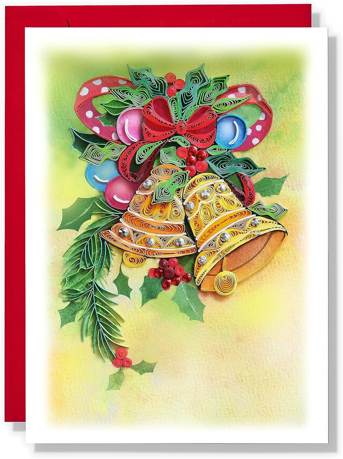 Jingle bells Christmas Card, Merry Xmas Greeting Card, Watercolor Artful Quilling Quilled Card for Holiday, Happy New Year, for Mom, Dad, Grandma, Friend, Boss, Co-worker (Ringbell)