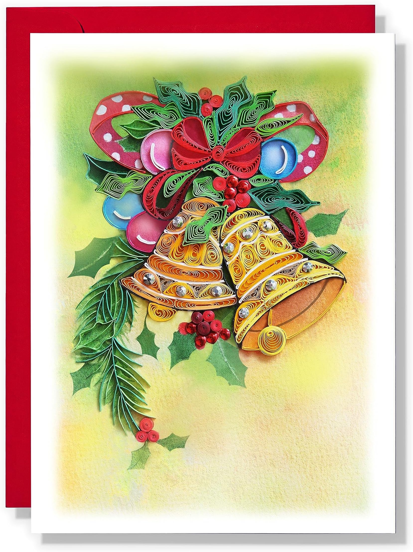 TUMYBee Ringbell Christmas Card, Merry Xmas Flowers Greeting Card, Water Color Artful Quilling Quilled Card for Holiday, Happy New Year, for Mom, Dad, Grandma, Friend, Boss, Co-worker (Ringbell)
