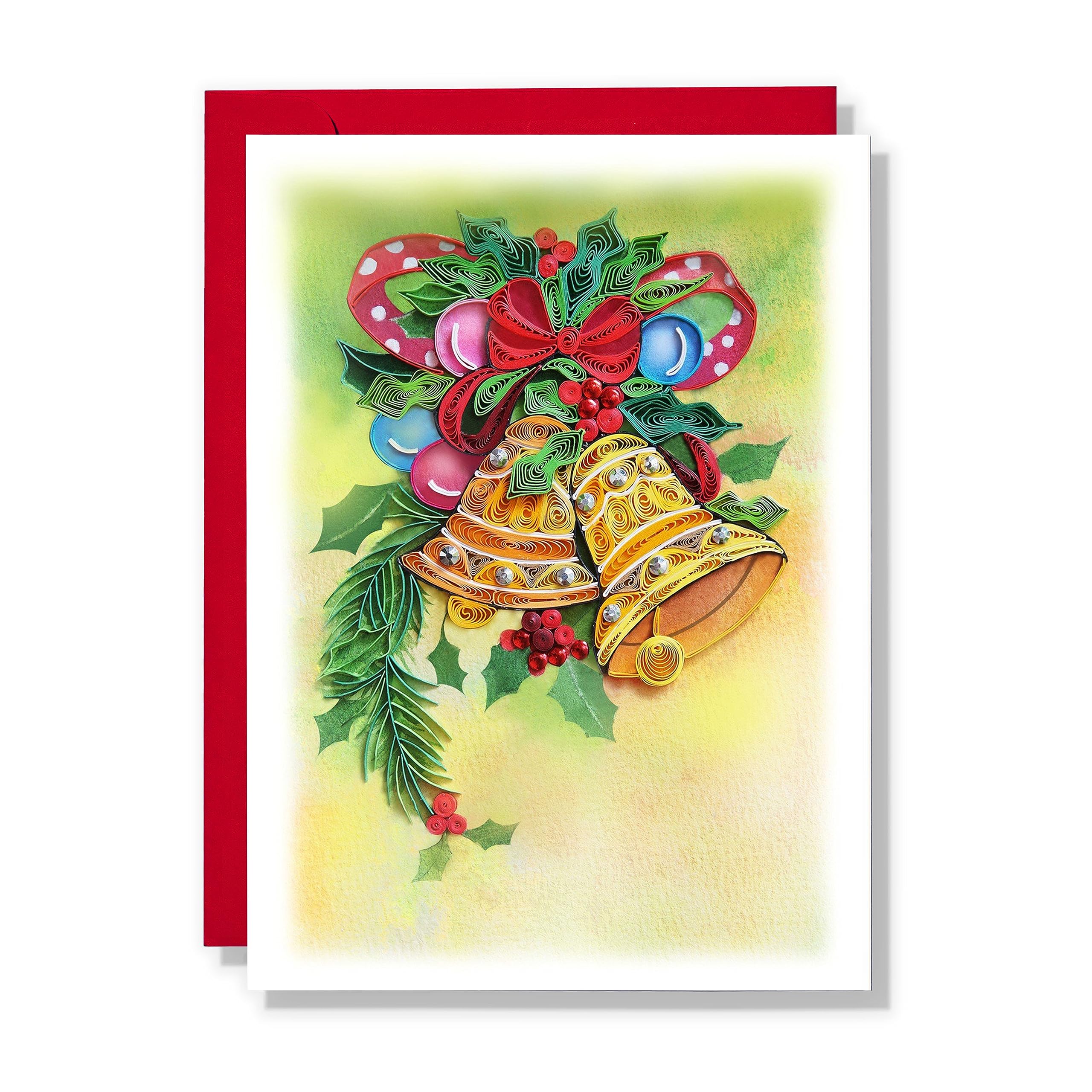 TUMYBee Ringbell Christmas Card, Merry Xmas Flowers Greeting Card, Water Color Artful Quilling Quilled Card for Holiday, Happy New Year, for Mom, Dad, Grandma, Friend, Boss, Co-worker (Ringbell)