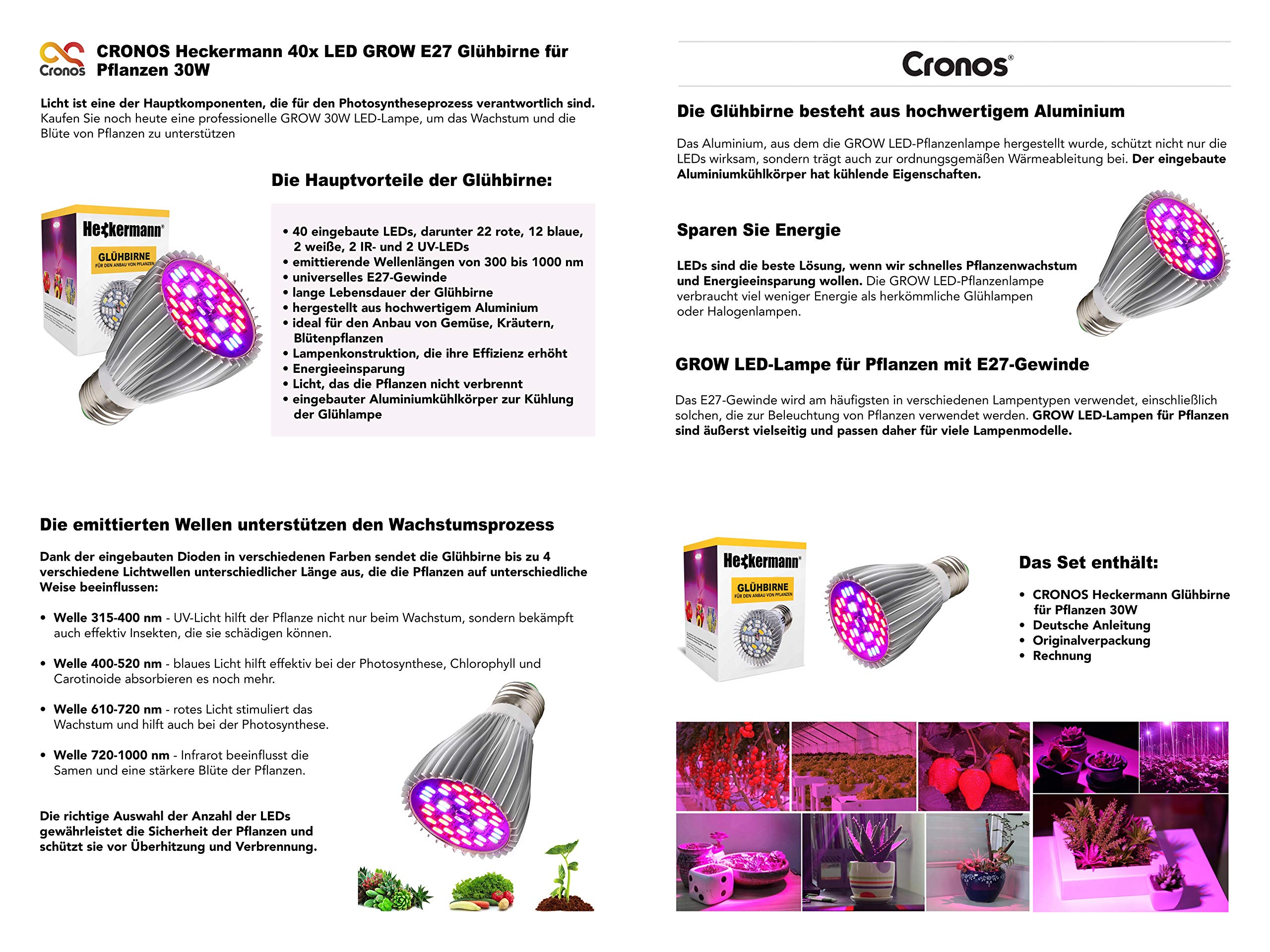 Cronos ORIGINAL Pflanzenlampe E27 - 100W, 150 LEDs, Für Gemüse, Kräuter & Blüten