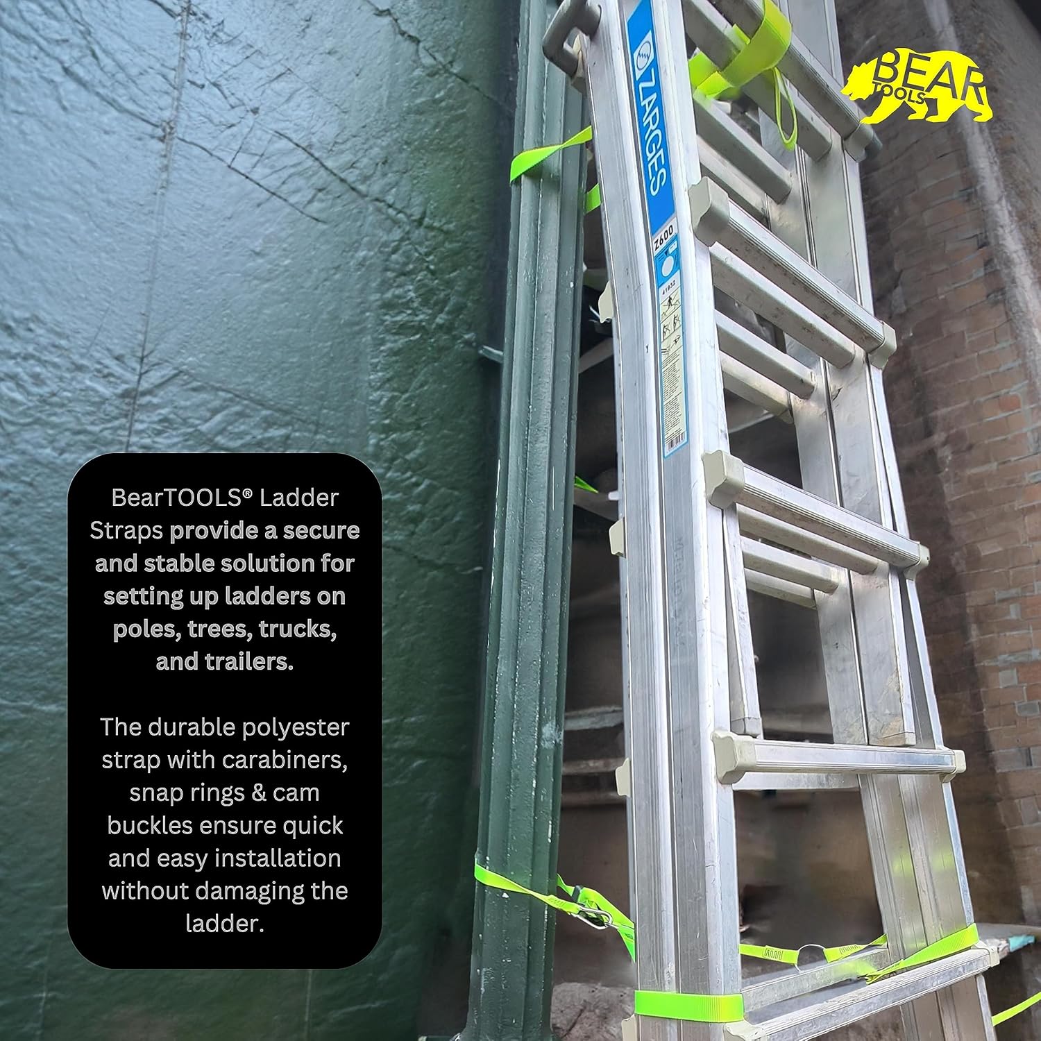 BearTOOLS 6 Meter Hi-Vis Ladder Strap C/W Cam Lock - Ladder Straps for Safety - Cam Lock Connector, Stabiliser for Work Ladders - Avoid Slips & Accidents When Working At Height