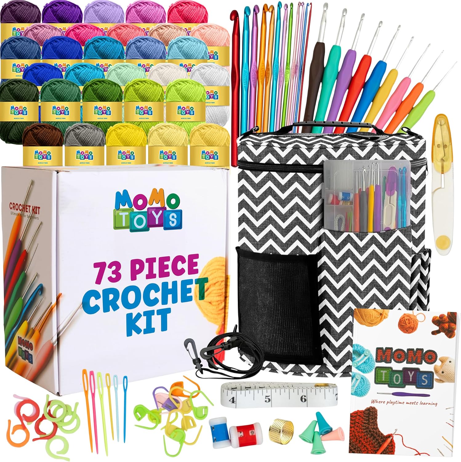 MOMOTOYS Crochet Kit for Beginners, Crochet Hook Set with Yarn Set,Crocheting Kit, 73PCS with Crochet Book and Bag, Crochet Kits for Beginners Adults, Crochet Accessories and Supplies