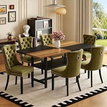 71" Dining Table Set for 6, Black & Wood Table with Storage Shelf & 6 Oliver Green Velvet Dining Chair, Farmhouse Dining Table Set for 6, 7 Piece Wood Kitchen Table Set for Home, Apt,Office,Conference