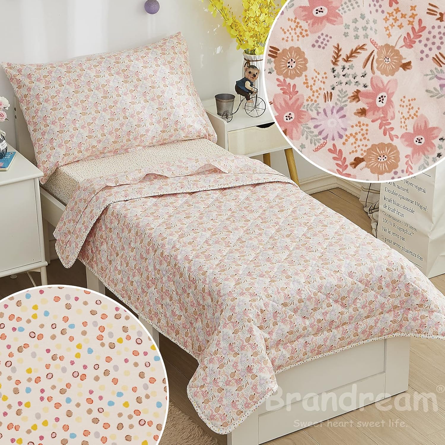 Blасk Frіdау - 70% оƒƒ Brandream Toddler Bedding Set Girls Pink Floral Comforter Quilt Bedding Bed in A Bag Farmhouse Sheet Set with Pillowcase Adorable Pokla Dot, 4 Piece