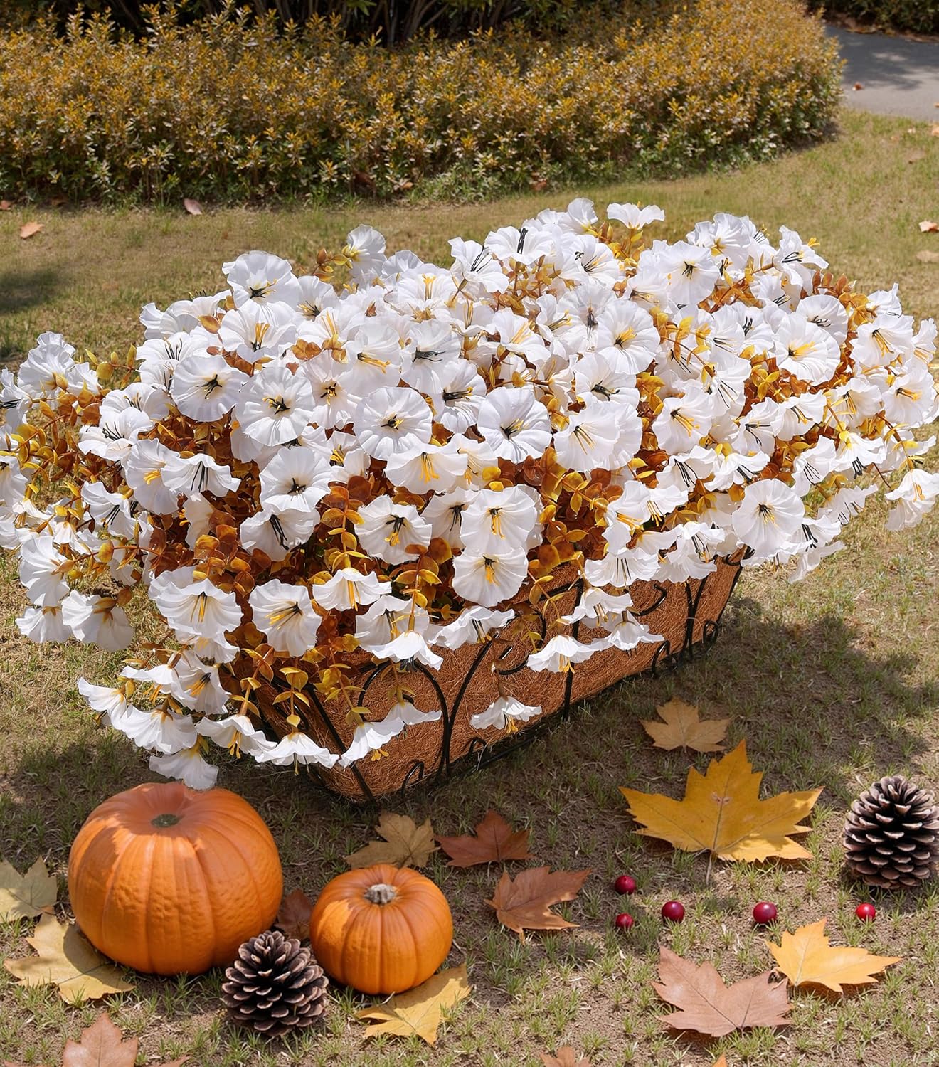 Fake Mums Artificial Fall Flowers Fake Plants for Outdoors Autumn Decor, 12 Bundles White Silk Morning Glory with Eucalyptus Look Real UV Resistant Faux Flowers for Outside Planters Front Door Yard - Image 3