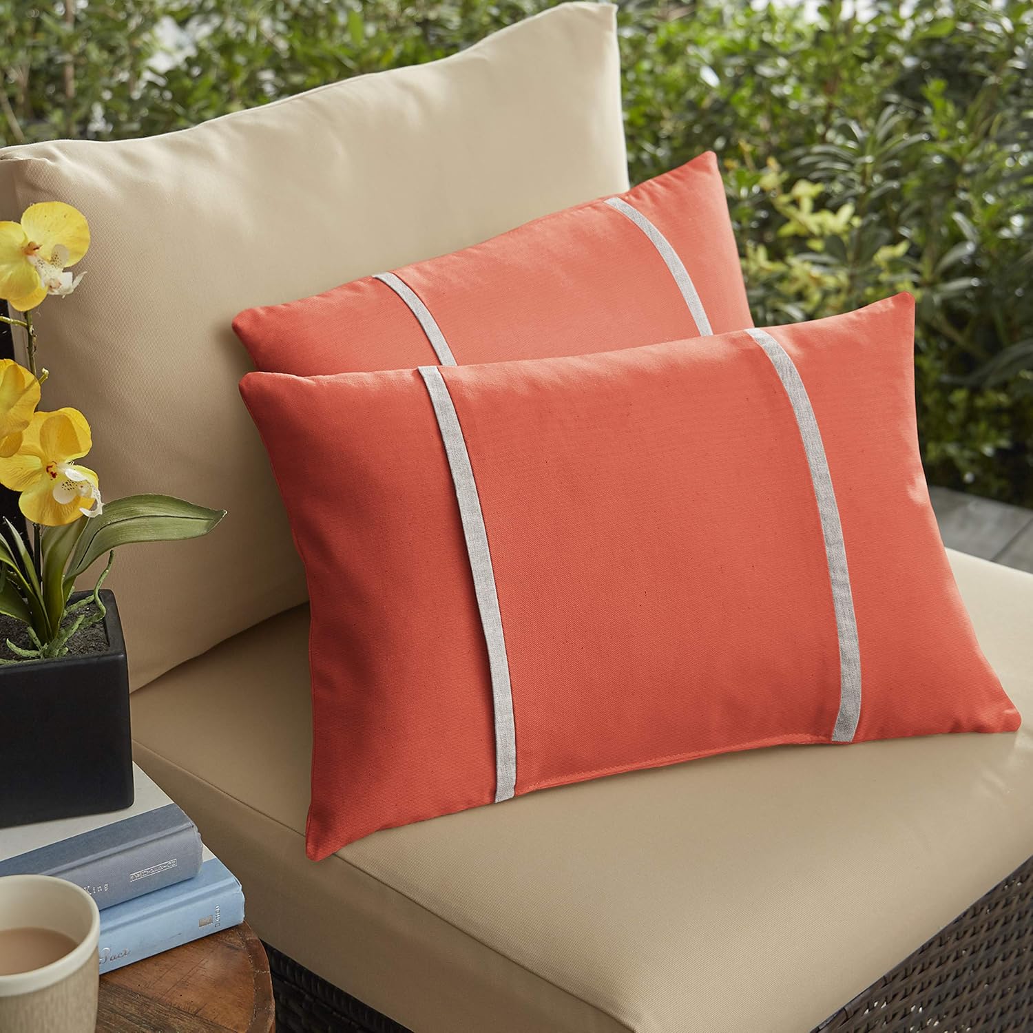 Sorra Home x Sunbrella - Lumbar Pillows (Set of 2), Canvas Melon Coral & Silver