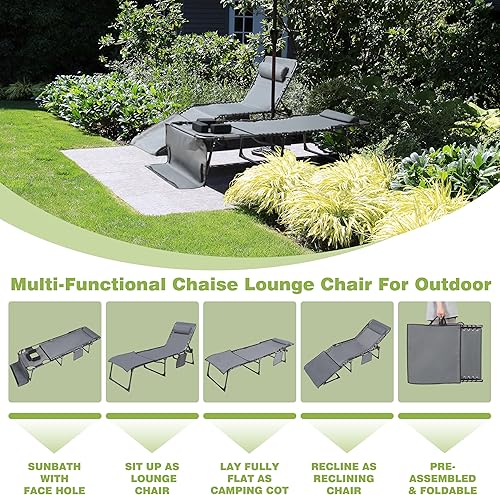 Miniatura 5 de MUPATER Silla reclinable de patio para exteriores con agujero para la cara, respaldo ajustable en 4 posiciones, almohada removible y bolsillo