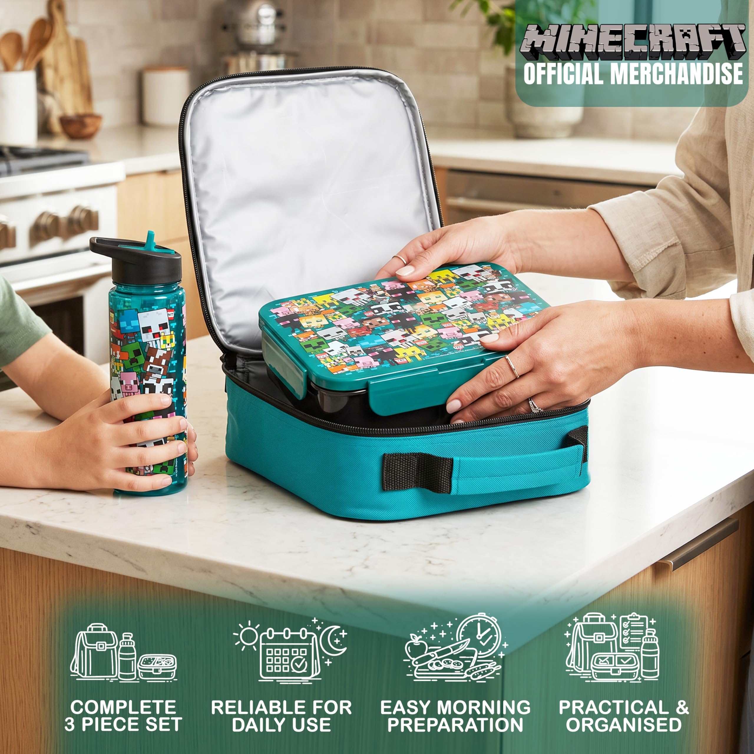 Get Trend Minecraft Zestaw izolowanych toreb na lunch dla dzieci, 3 szt., lekkie pudełko na lunch Bento, 600 ml, bez BPA, ze słomką i torbą chłodzącą, przybory szkolne, prezenty dla chłopców, graczy