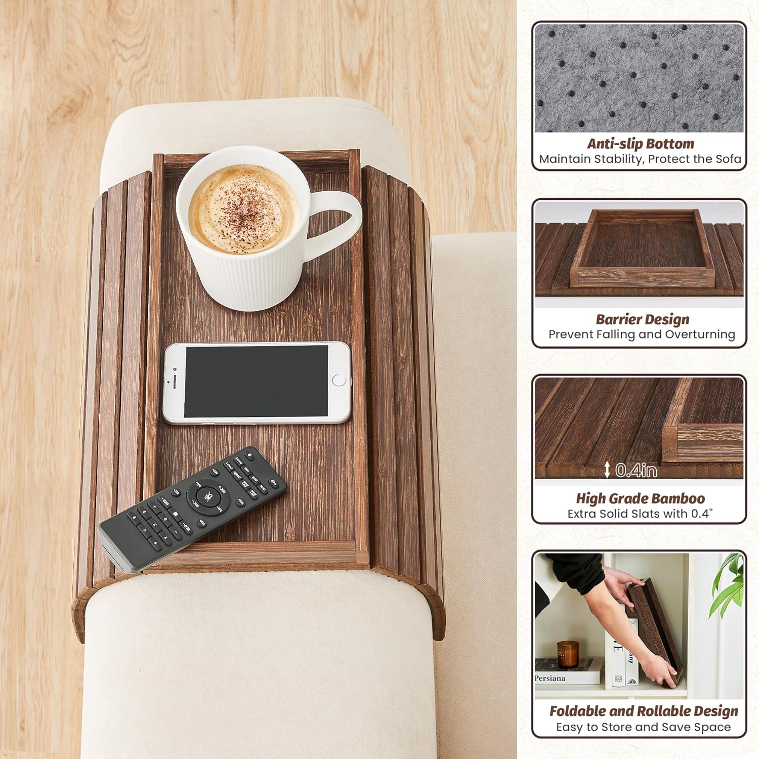 GEHE Bamboo Sofa Arm Tray, Foldable Couch Arm Tray Side Table, Anti-Falling Armrest Tables Cup Holder for Snacks, Drinks, Beers, Phone, Control, Flexible and Portable, Anti-Slip Bottom