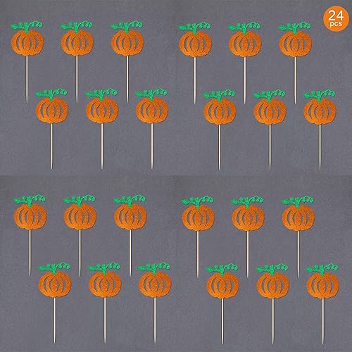 Miniatura 3 de 24 piezas de adornos de calabaza para cupcakes de doble cara naranja con purpurina naranja para cupcakes para temática de otoño, baby shower,