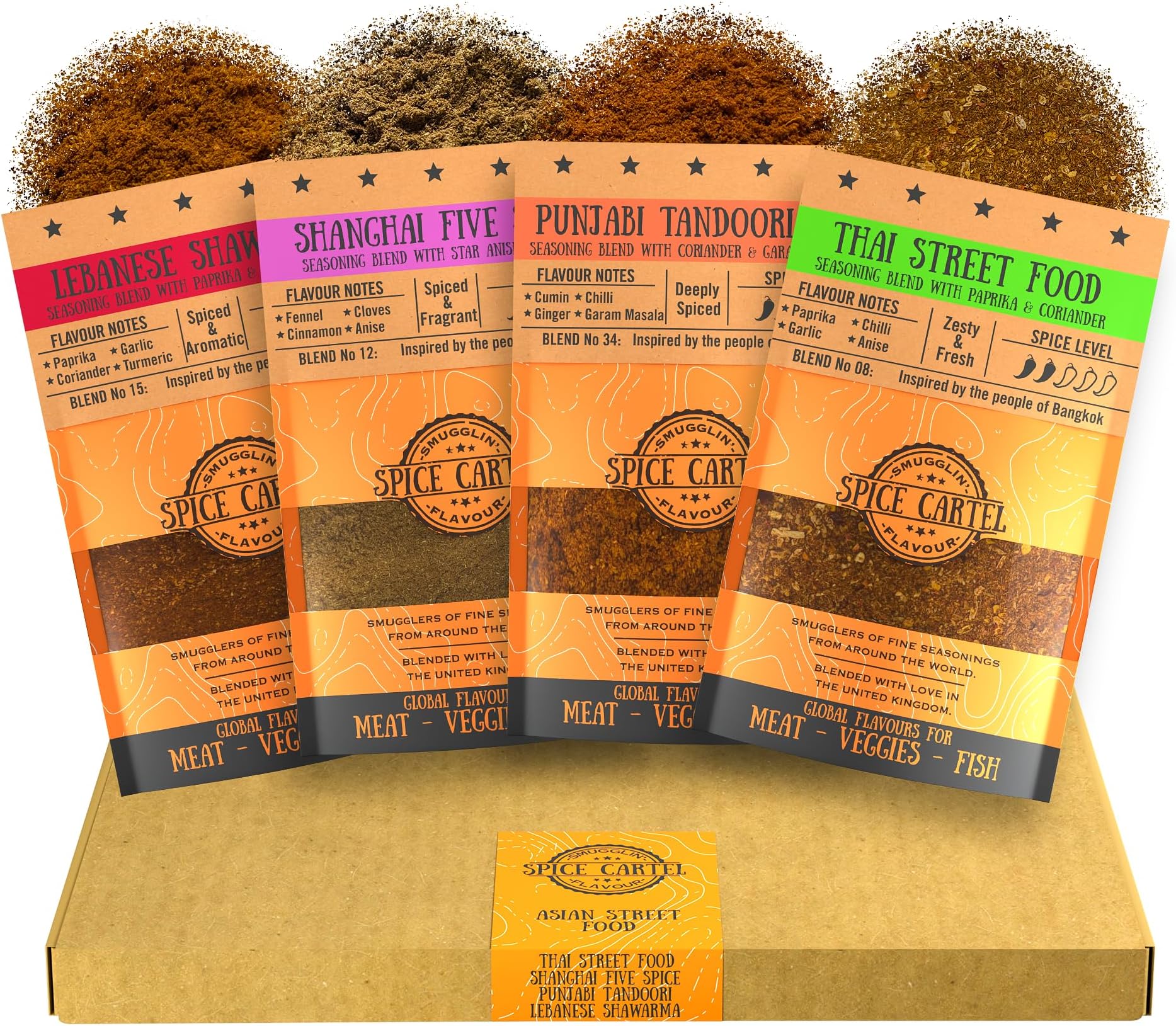 Asian Street Food Gift Box Collection of Artisanal Herb & Spice Blends from Across Asia. Hand Made with Love in The UK. 4 * 35g Resealable Pouches.