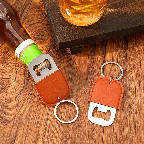 Miniatura 3 de 24 llaveros de piel sintética marrón, abridor de cerveza de acero inoxidable para regalo, boda, fiesta, bar, llavero en blanco a granel
