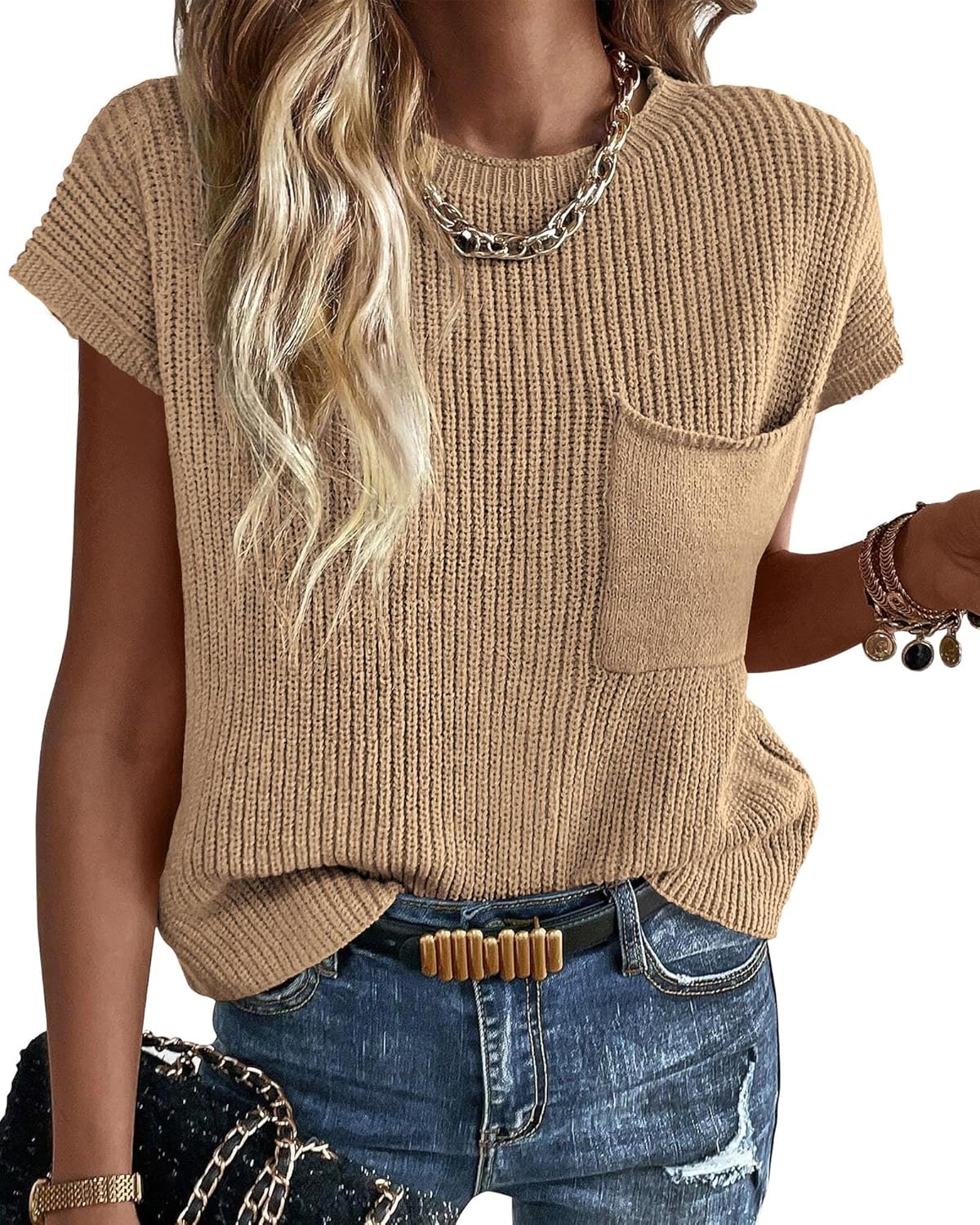 KIRUNDO Spring Summer Short Sleeve Sweater for Women 2026 Casual Sweater Vest Cotton Knit Pullover Tank Tops Fashion Clothing