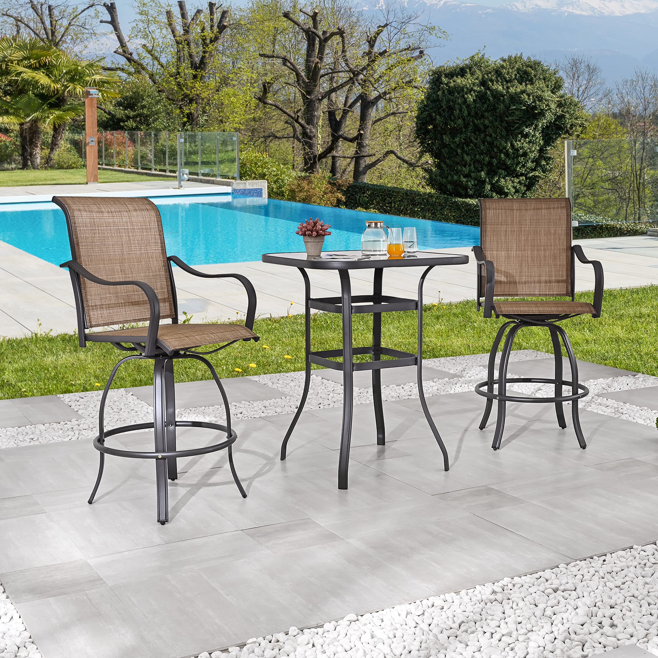 LOKATSE HOME3 PCS Bar Sets 2 Swivel Outdoor Stools and 1 Square Tempered Furniture Glass Top Table, Khaki