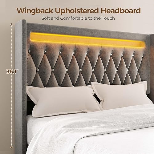 Miniatura 5 de Rolanstar Base de cama matrimonial con luz LED y estación de carga, cabecero alto tapizado y estribo, listones de madera, sin ruido, fácil montaje,