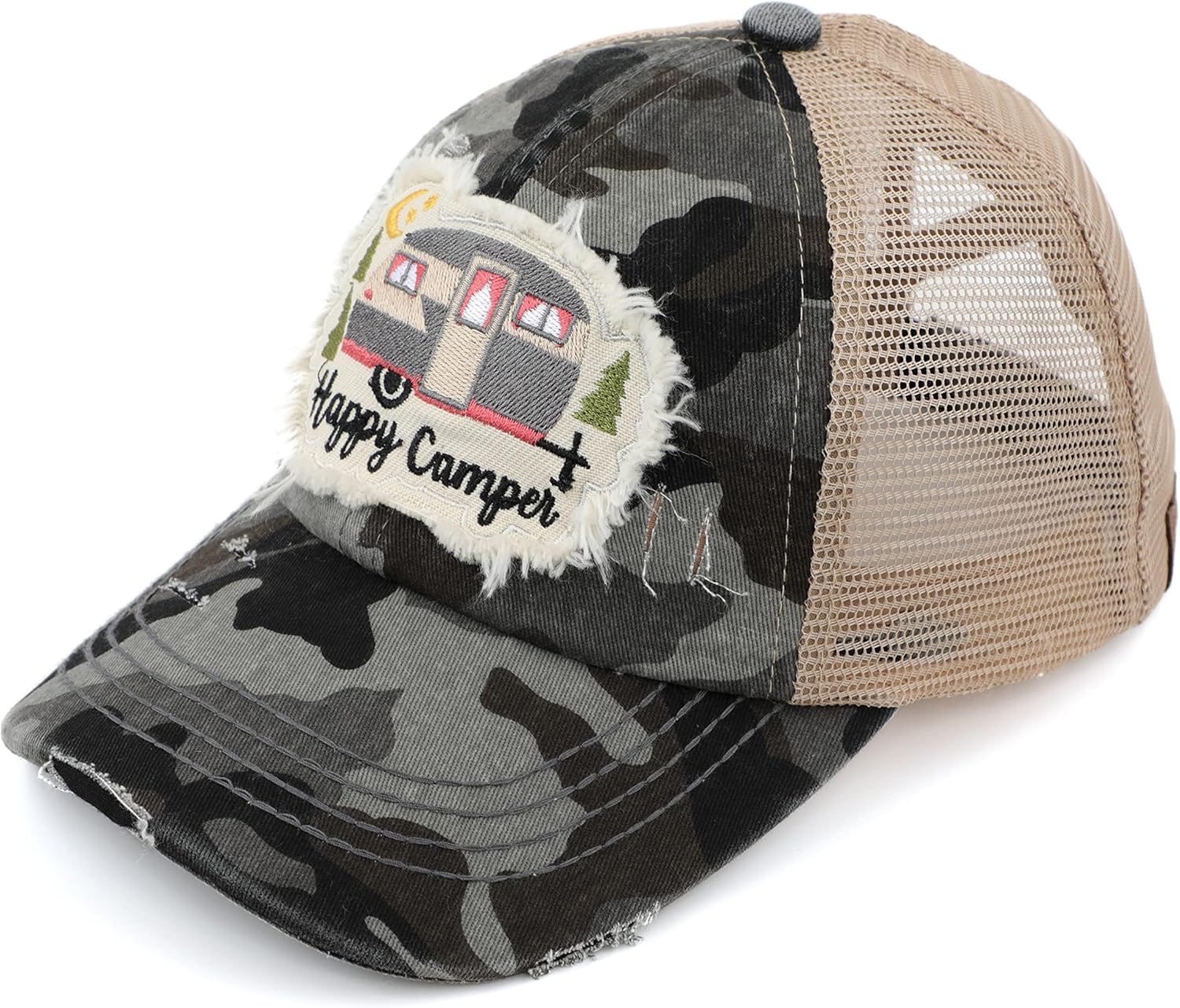C.C Exclusives Washed Distressed Embroidered Patch Cotton Denim Criss-Cross Ponytail Hat Adjustable Baseball Cap