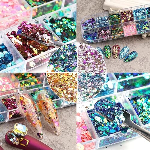 Miniatura 5 de Lentejuelas de uñas de 12 colores camaleón para arte de uñas, lentejuelas 3D con purpurina láser degradado láser holográfica para arte de uñas,