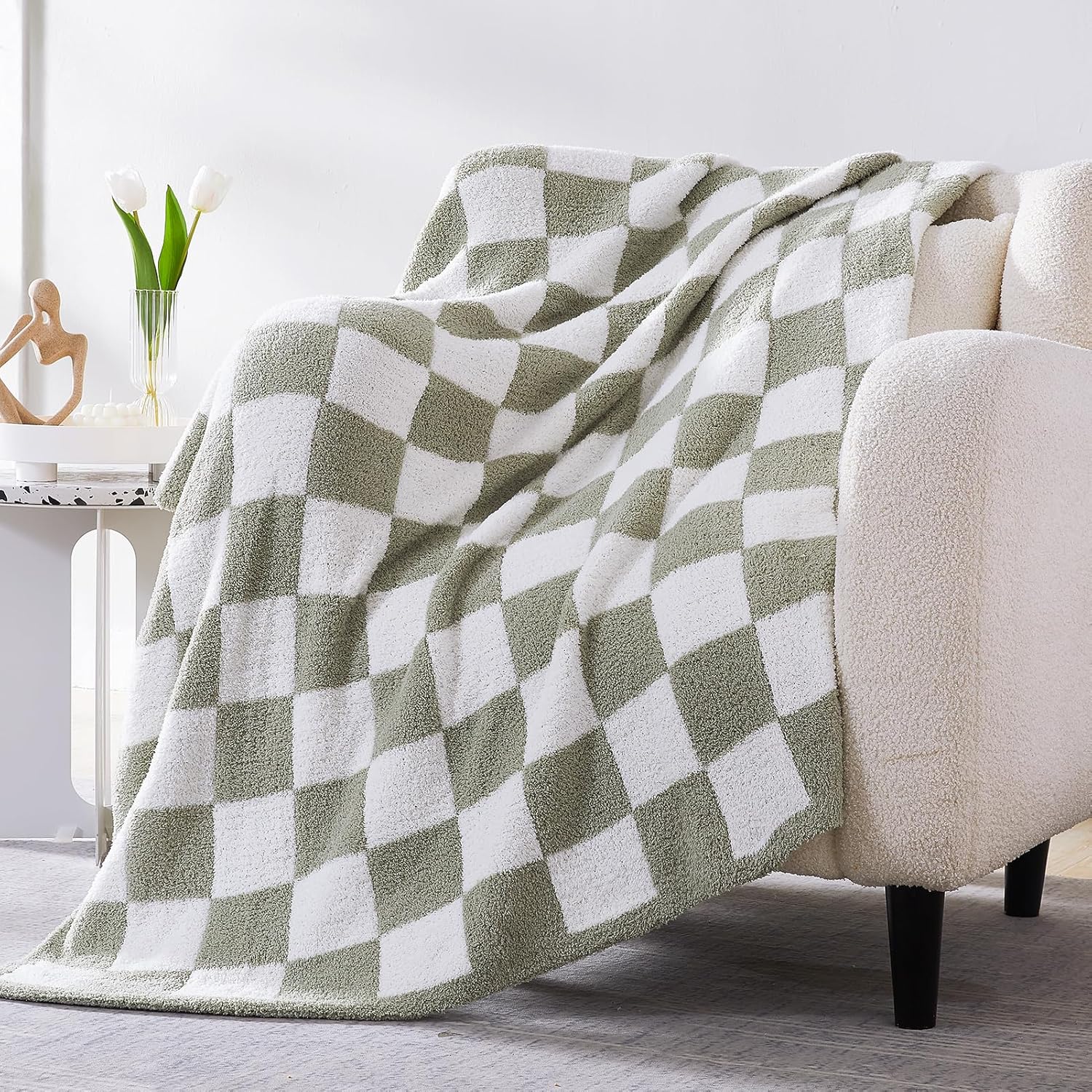 WRENSONGE Checkered Throw Blanket, Sage Green Soft Cozy Fluffy Warm Hand Made Queen Throw Blankets for Couch, Sofa, Chair, Bed, Camping, Picnic, Travel Lightweight Bed Blanket - 90"*90" - Image 6