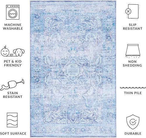 Miniatura 4 de SAFAVIEH Alfombra lavable Tucson Collection - 5 x 8 pies, morado y azul, antideslizante, ideal para zonas de alto tráfico en sala de estar,