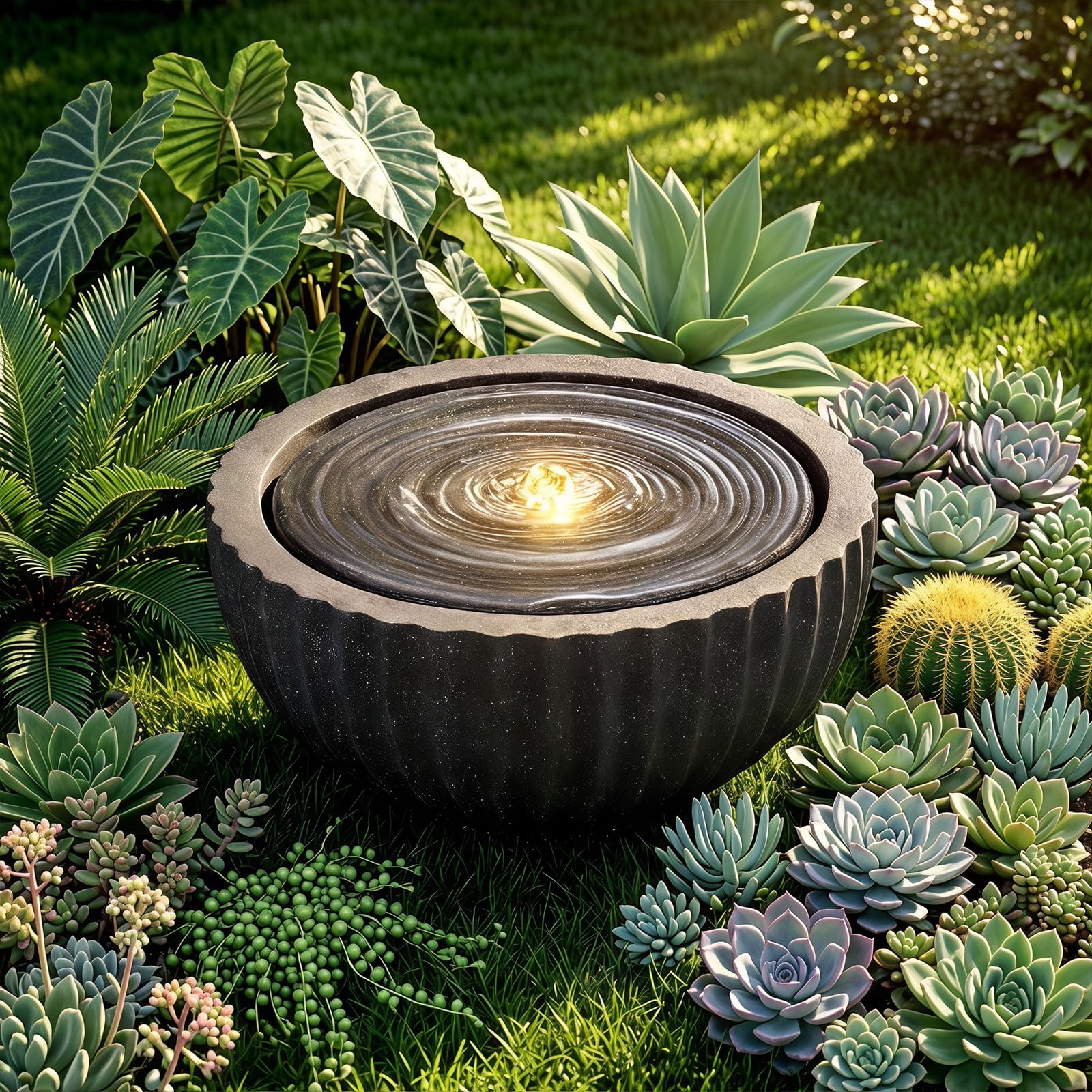 GYMAX Fuente de Jardín Redonda,Fuente Decorativa | Fuente de Agua con Iluminación LED, Bomba Ajustable y Resina Resistente para Salón, Patio y Terraza, 45 x 23,5 cm