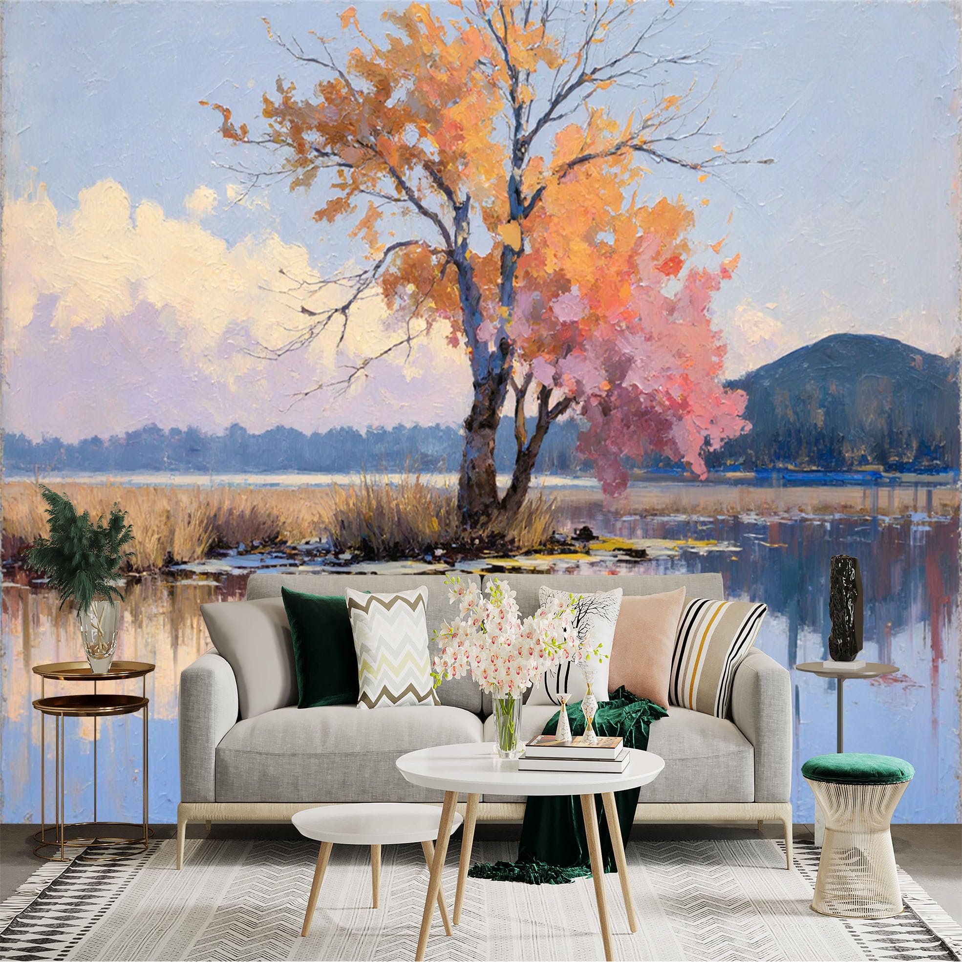 Lnzczhyre Xc260505809 Custom Size Wall Sticker Mural， Autumn Tree By The Lake， Impressionist Landscape Art， Colorful Foliage Reflection， For Wall Decoration， Peelandstick Wall Decals.