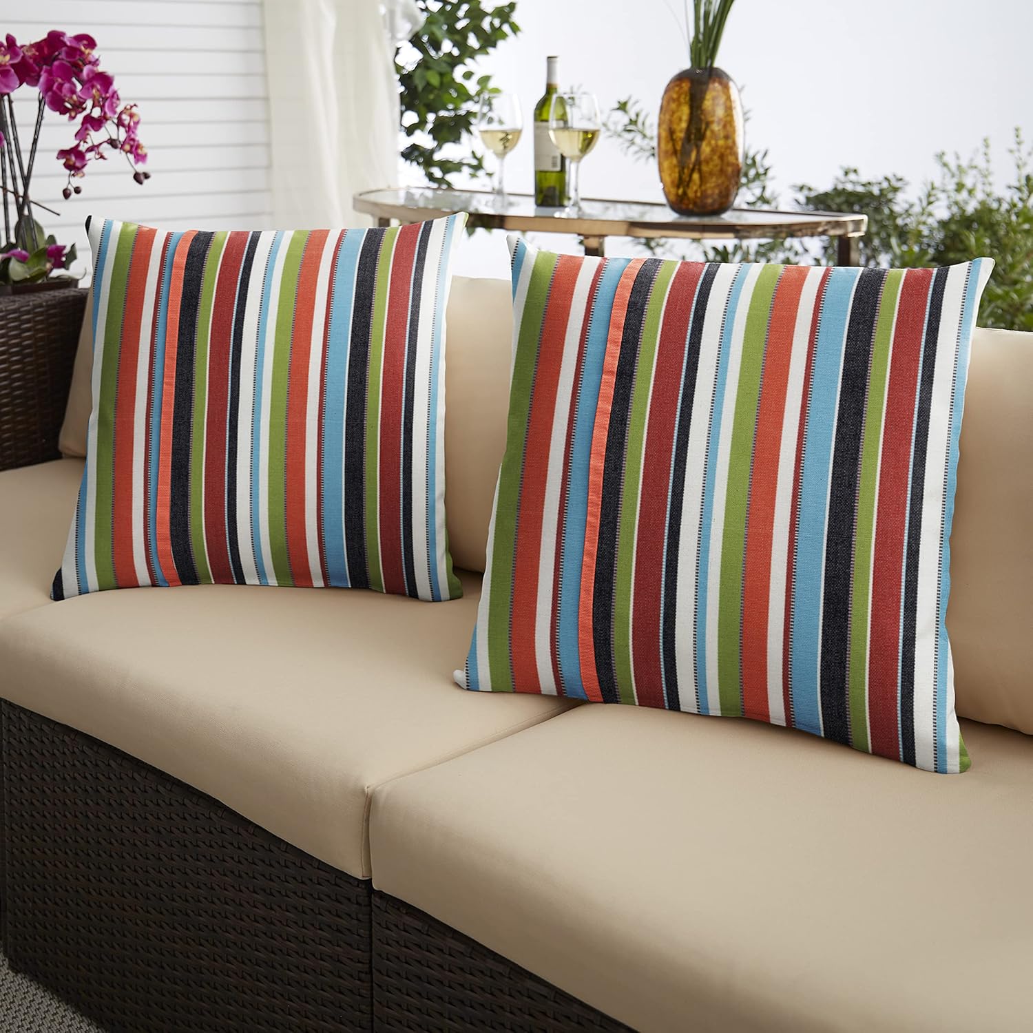 Mozaic Company AMPS113758 Indoor Outdoor Sunbrella Square Pillows, Set of 2, 16 x 16, Multicolor Stripes & Canvas Melon Orange