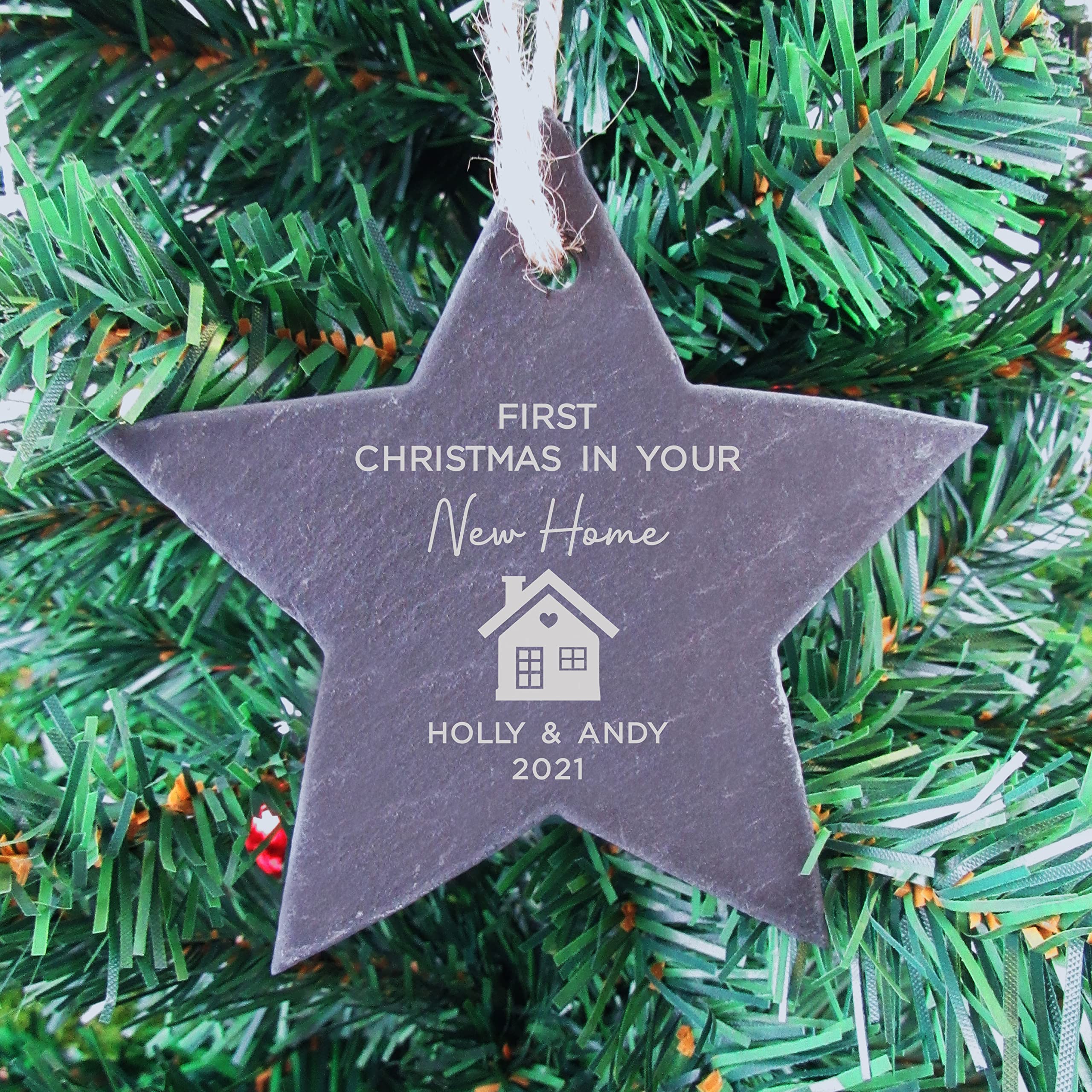 Ebuygb Star Personalised First Christmas In Your New Home Slate Hanging Decoration, Couples First Home Bauble Keepsake, Xmas Tree Ornament