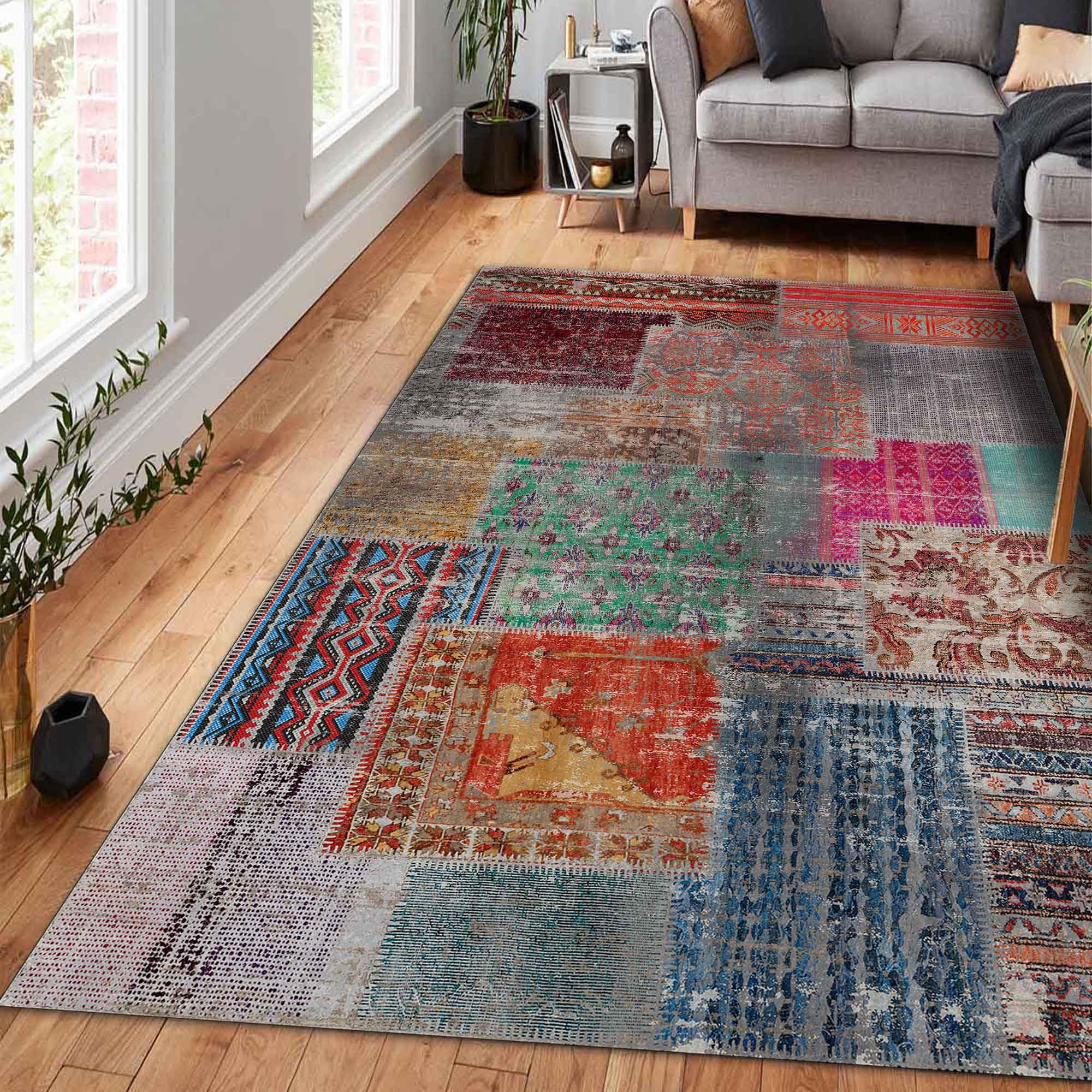 bamyum Trunk Waschbarer Teppich Wohnzimmer Bedruckter Teppich, Chenille-Druck Maschinell Hergestellt 120 x 180 cm, Vintage Schlafzimmer, Antibakteriell Antirutschunterlage Küchenteppich Grün