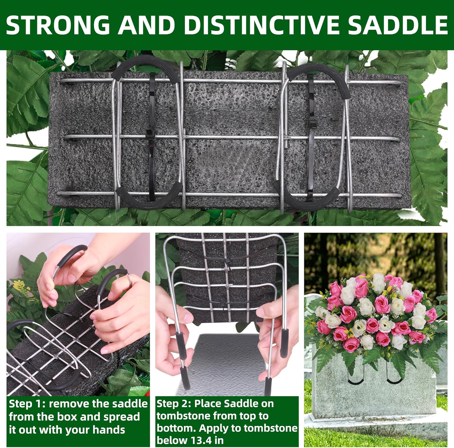 Lodou Artificial Cemetery Flower Saddles, Rose Headstone Flower Saddle Outdoor Grave Decorations,Cemetery Memorial Flowers with Vase for Grave Tombstone Decorations (Pink and White, Saddle)