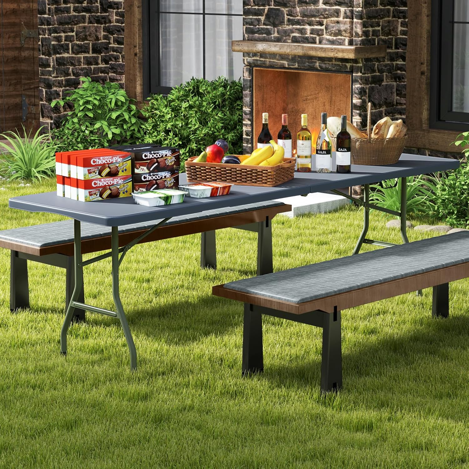 Goplus 8ft Plastic Folding Table, 350 LBS Outdoor Heavy Duty Folding Tables with HDPE Tabletop, Handle, Lock, Foldable Rectangle Portable Utility Card Table for Picnic, Party, Camping, Dining